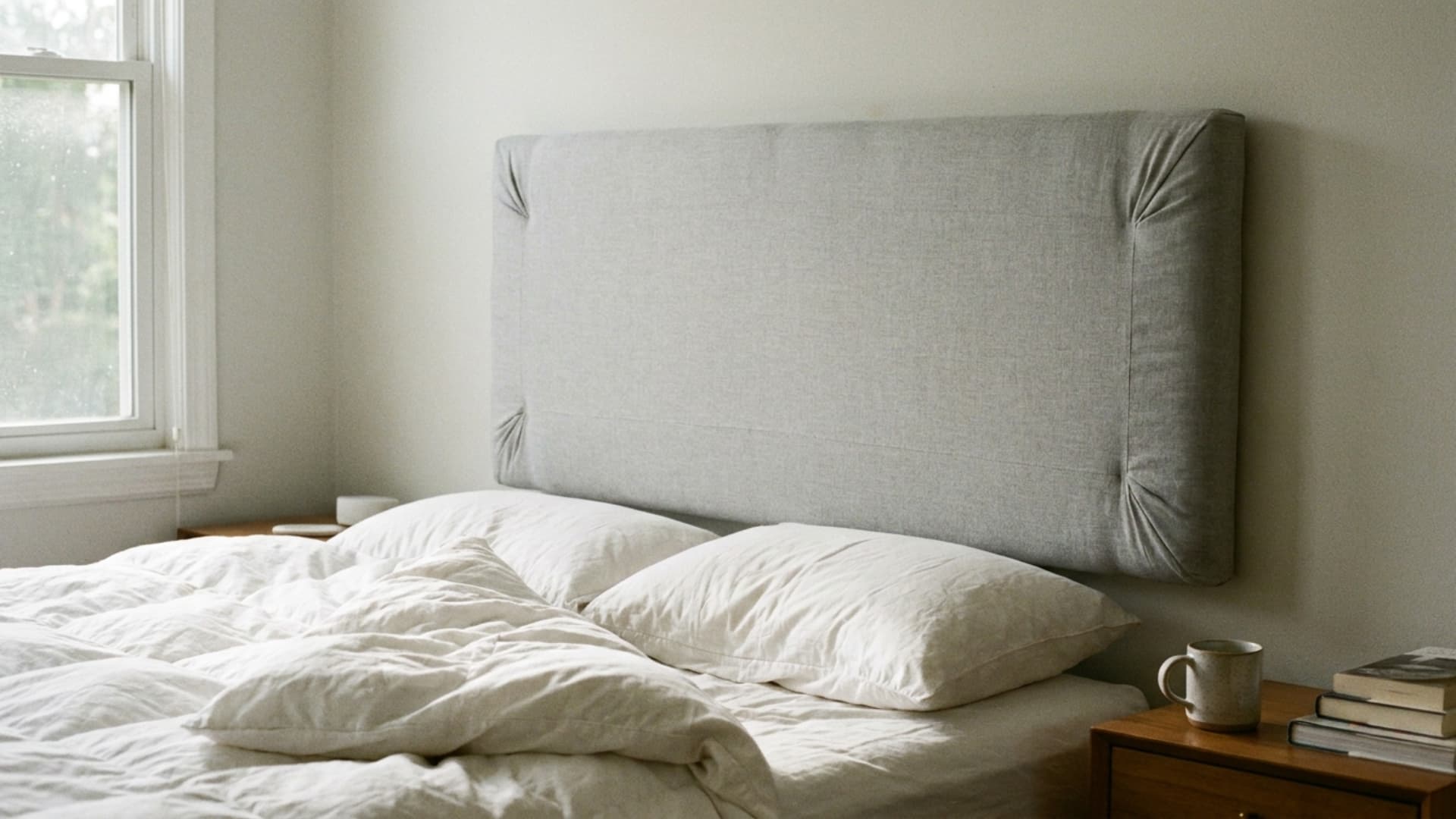 foam board padded headboard in gray fabric behind a bed