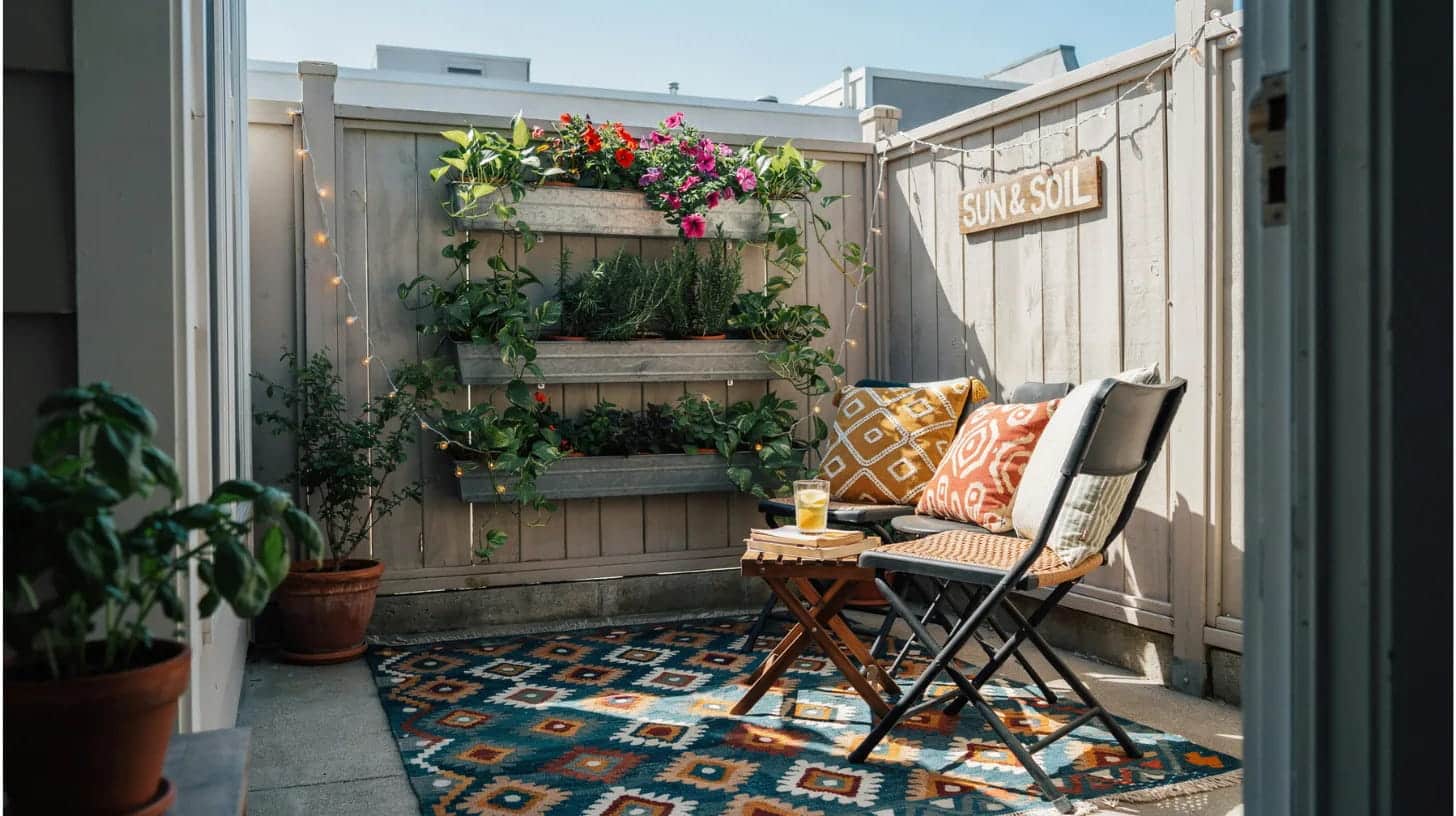very small backyard patio with folding furniture and rug