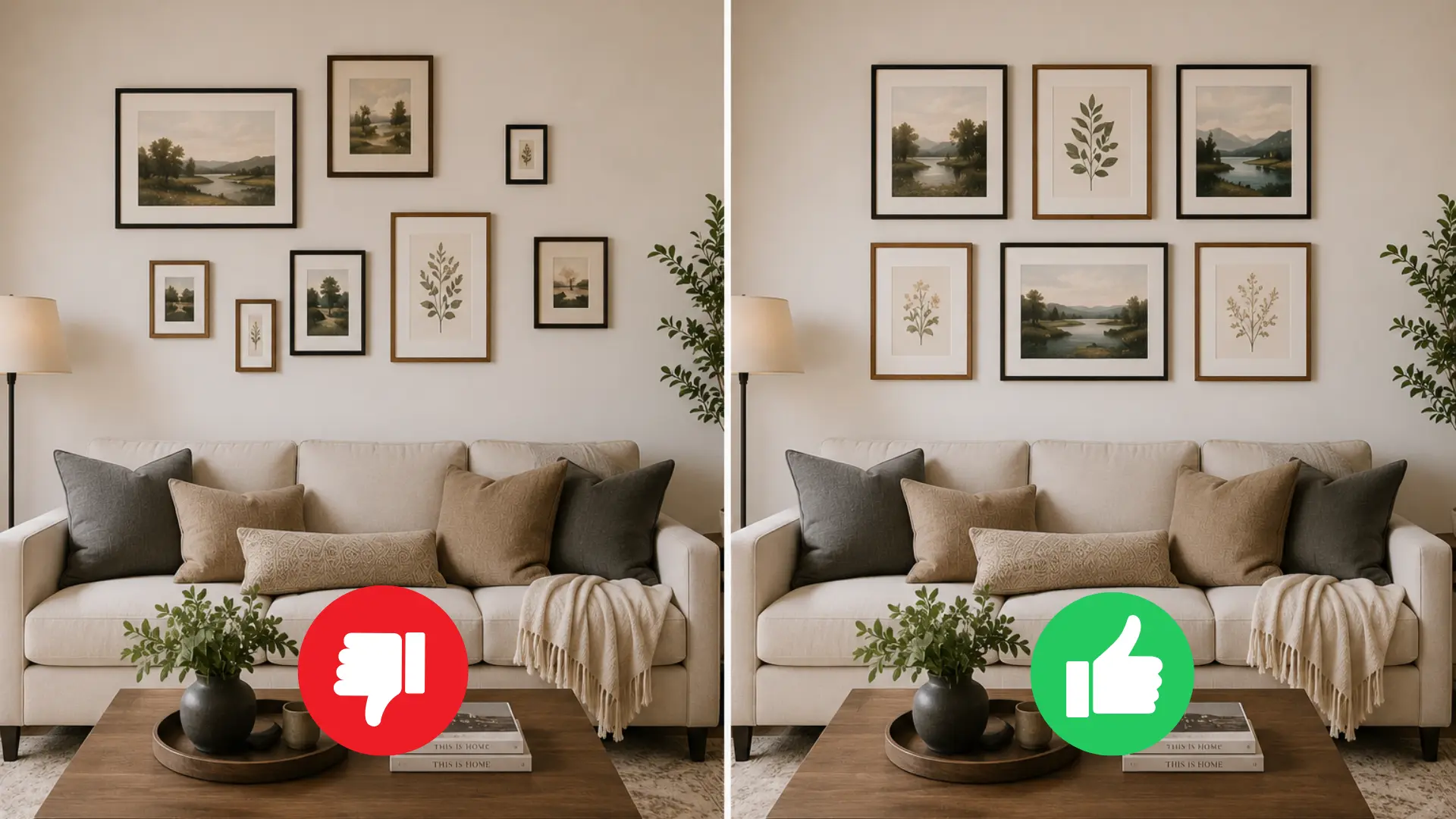 before and after comparison of mismatched frame sizes versus a balanced gallery wall of two rows