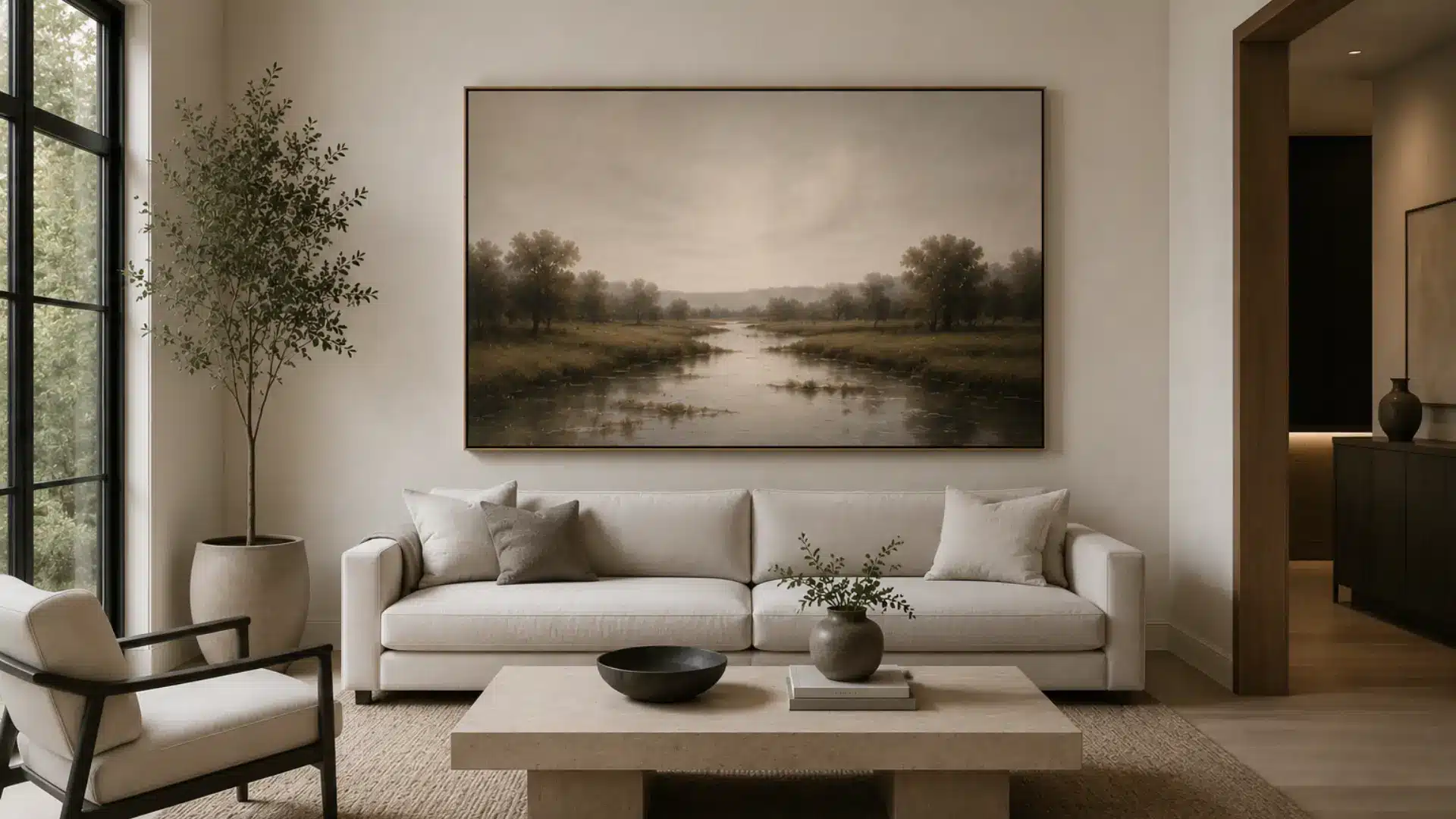 a large framed landscape painting of a river scene hung above a beige sofa in a living room