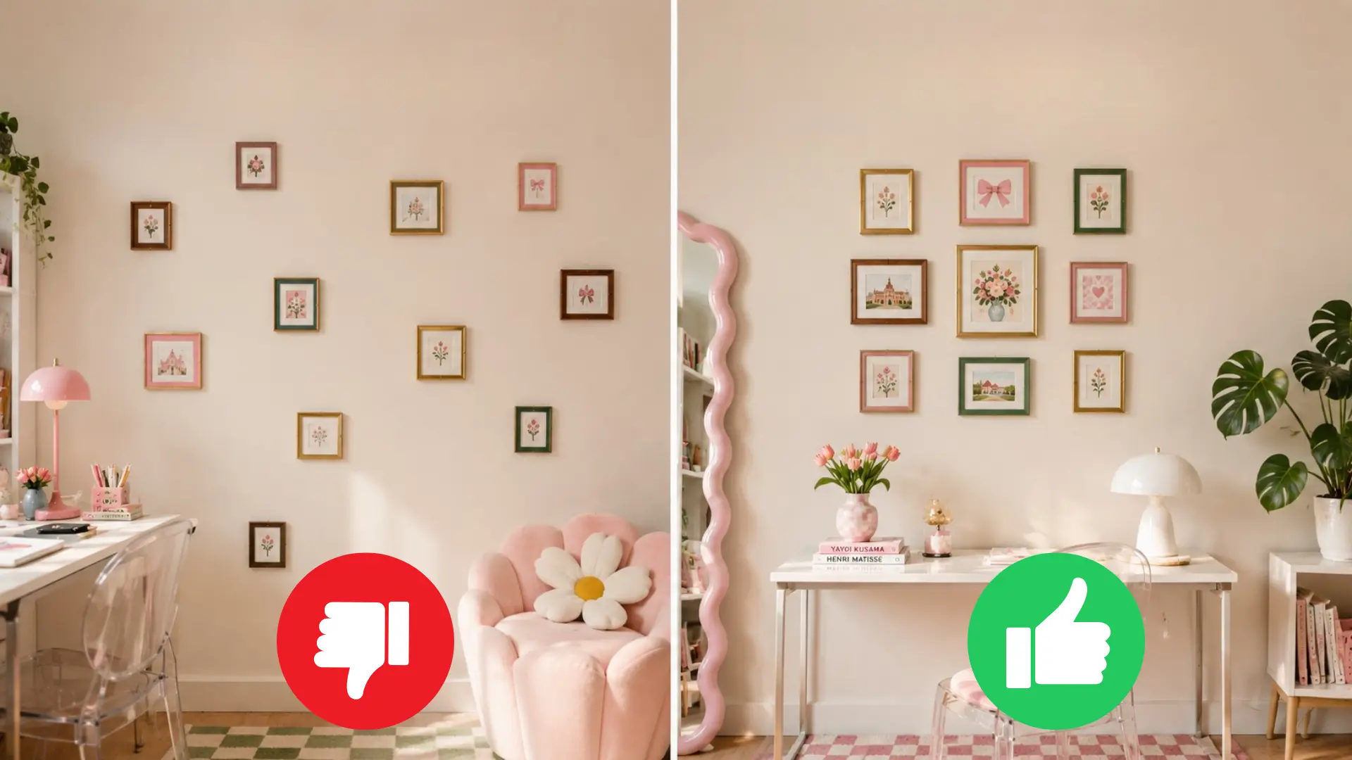 before and after comparison of small framed art scattered randomly versus arranged in a neat grid layout