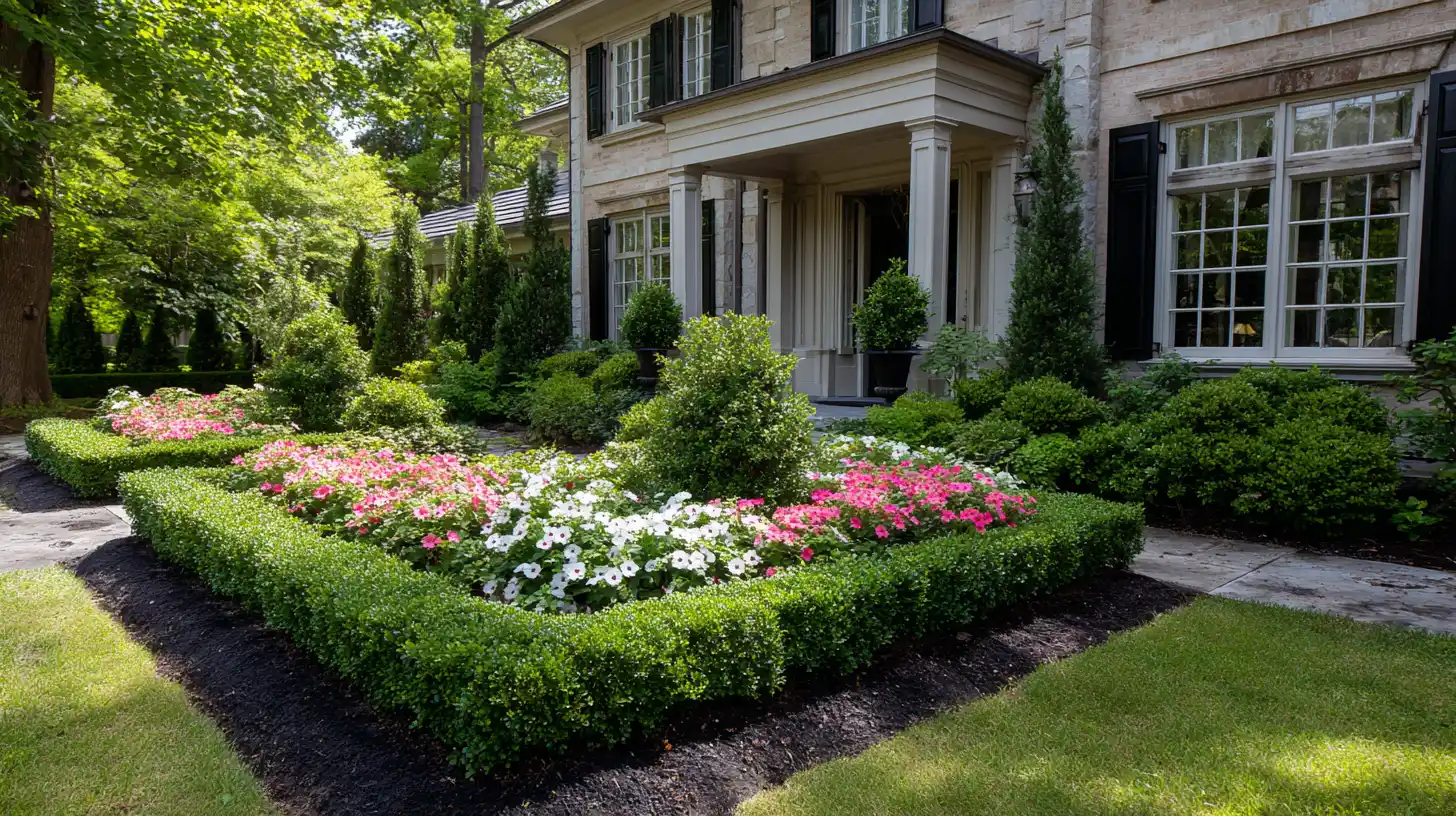 formal boxwood framed bed with pink and white petunias inside a clipped border before a georgian home