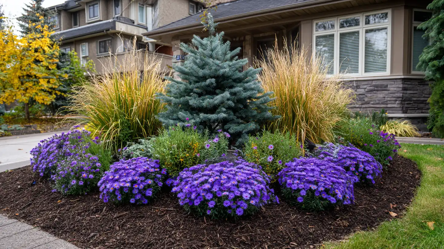 four season bed with asters ornamental grass and dwarf spruce in autumn daylight