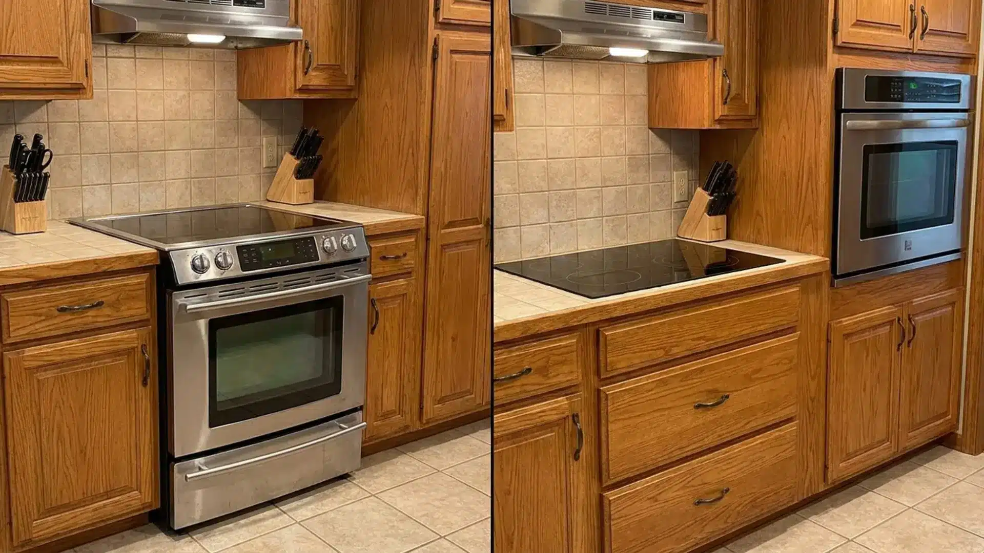 before and after kitchen photo showing freestanding stainless steel range replaced with a built-in cooktop and wall oven