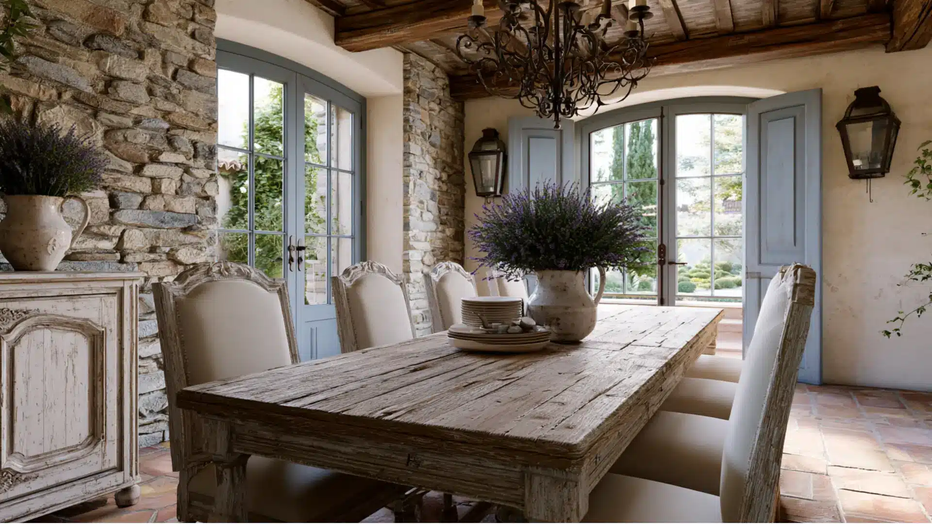 french country dining room with reclaimed wood table upholstered carved chairs lavender centerpiece and stone walls