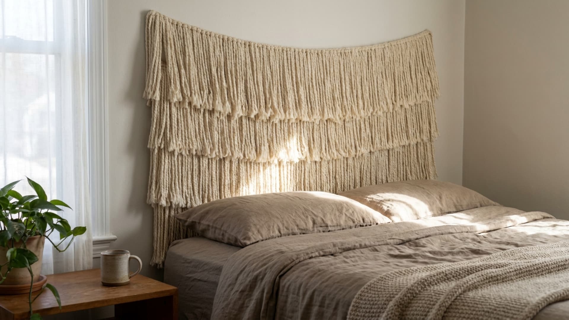 fringe trim headboard with layered yarn rows behind a bed