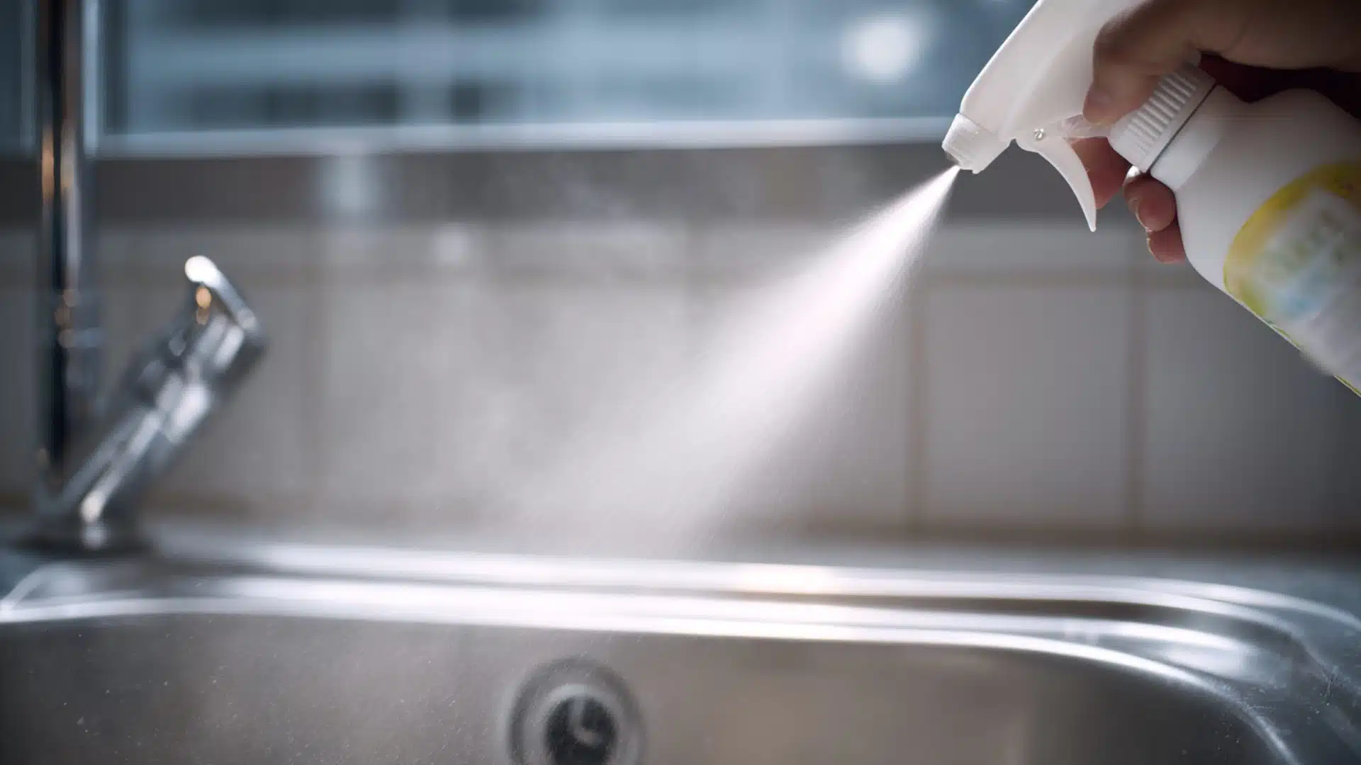 a person using a spray cleaner in a sink, demonstrating proper cleaning techniques with attention to detail