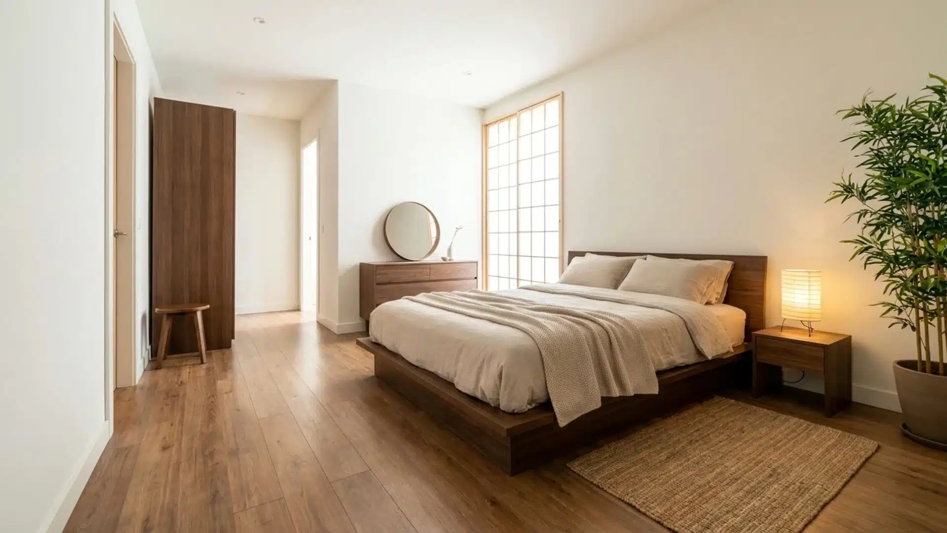 minimal bedroom with open walkways, low platform bed, dresser placement, and clear movement throughout room