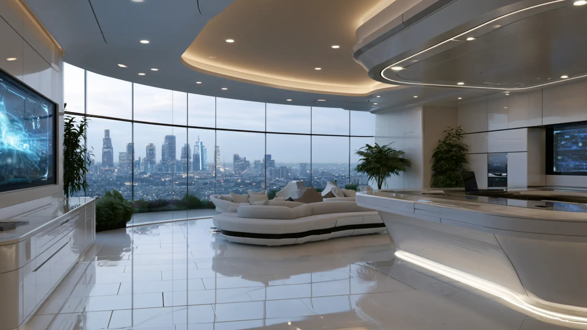 futuristic living room with curved white sofa glossy floors wraparound glass walls and smart screens