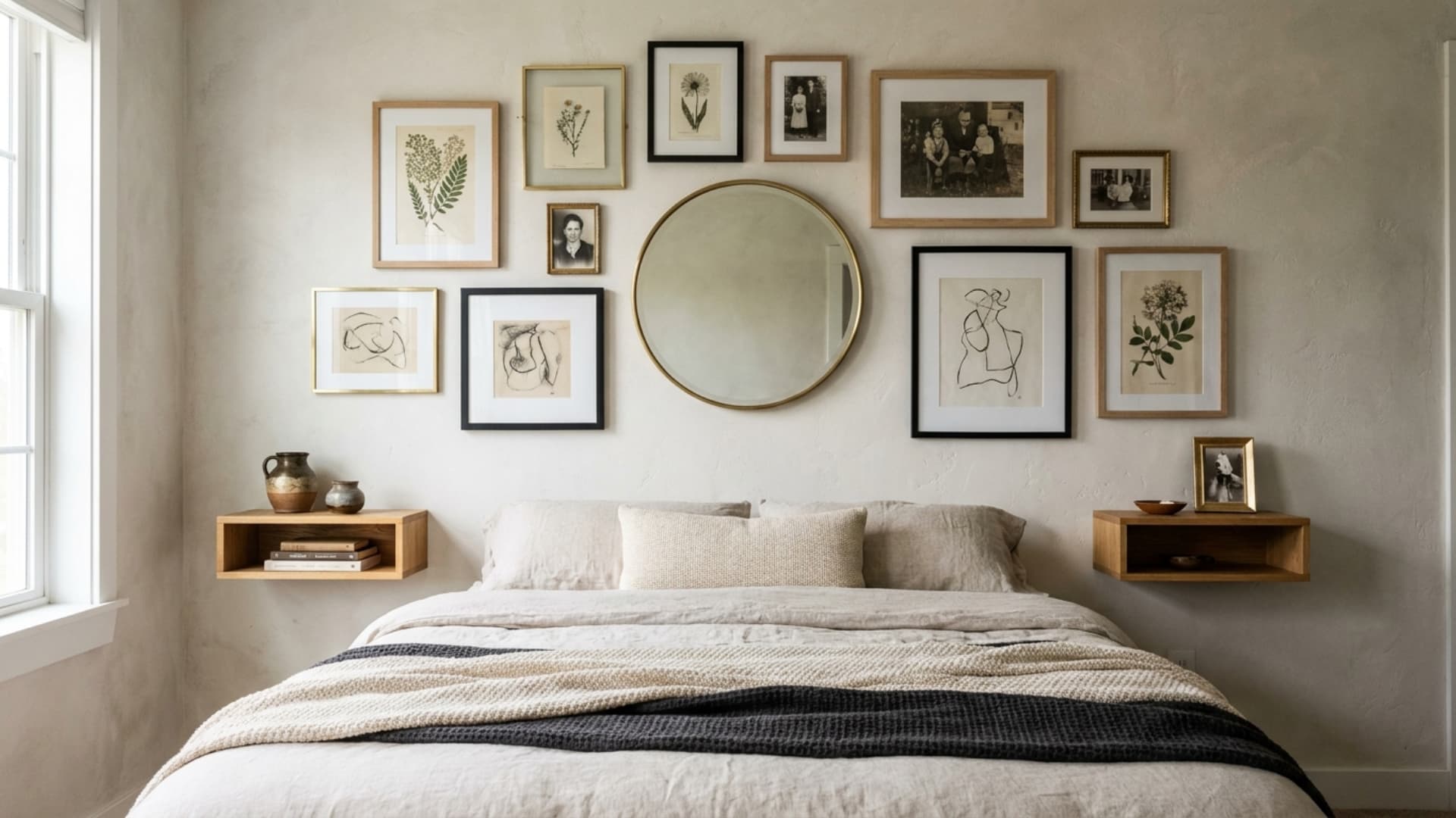 gallery wall style headboard with framed art behind a bed