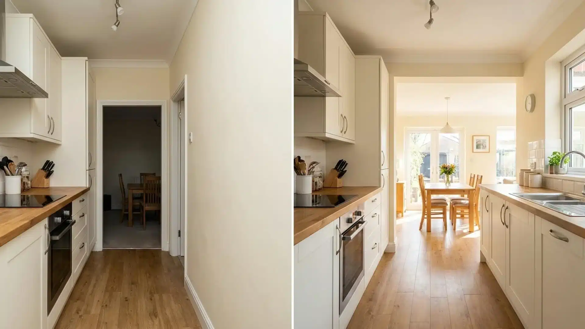before and after galley kitchen with a wall removed opening the cooking area to a sunny dining room