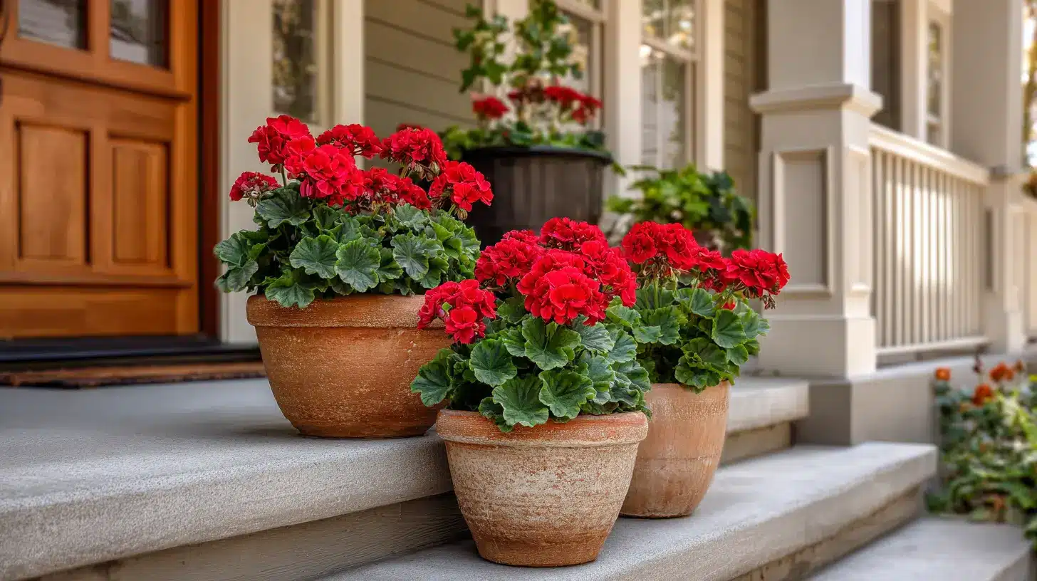 styled container cluster with red geraniums in terracotta pots beside a residential front entrance