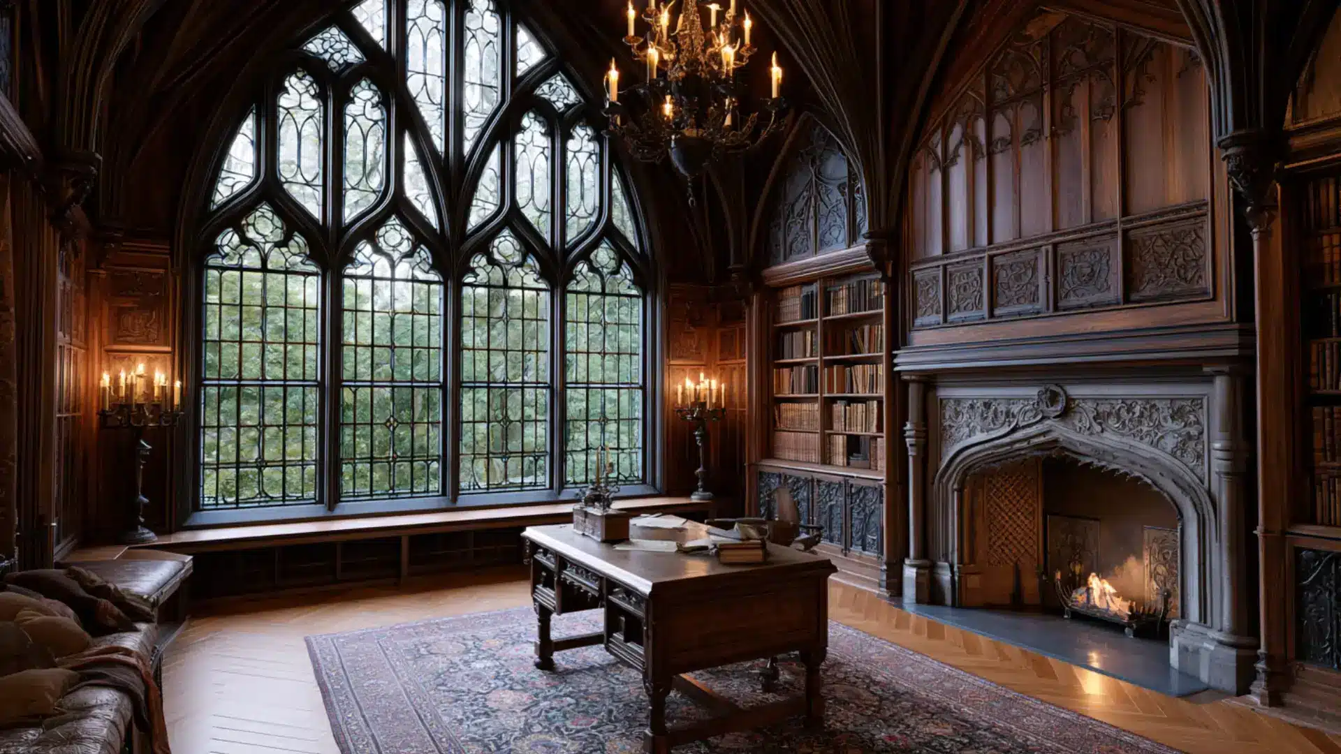 gothic revival library with pointed arch leaded windows carved stone fireplace dark wood paneling and iron chandelier