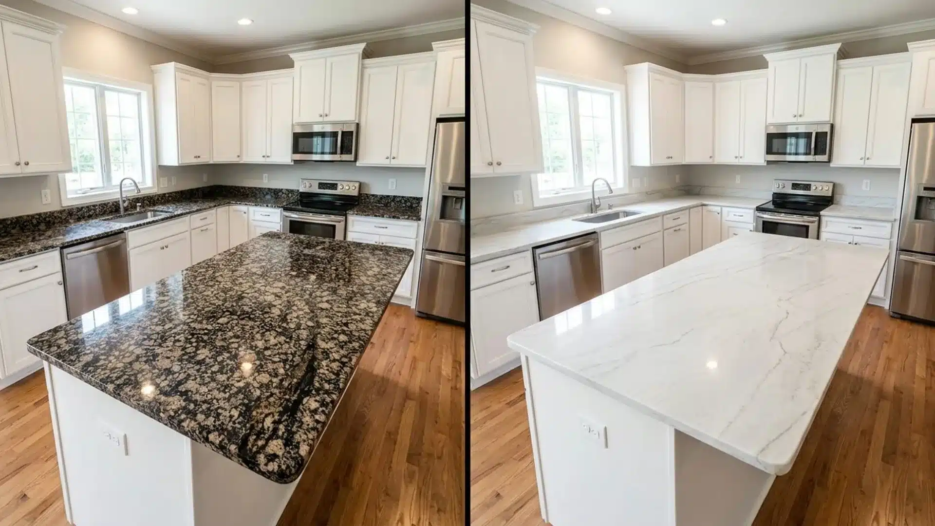 before and after kitchen island showing dark speckled granite countertop replaced with white quartzite countertop