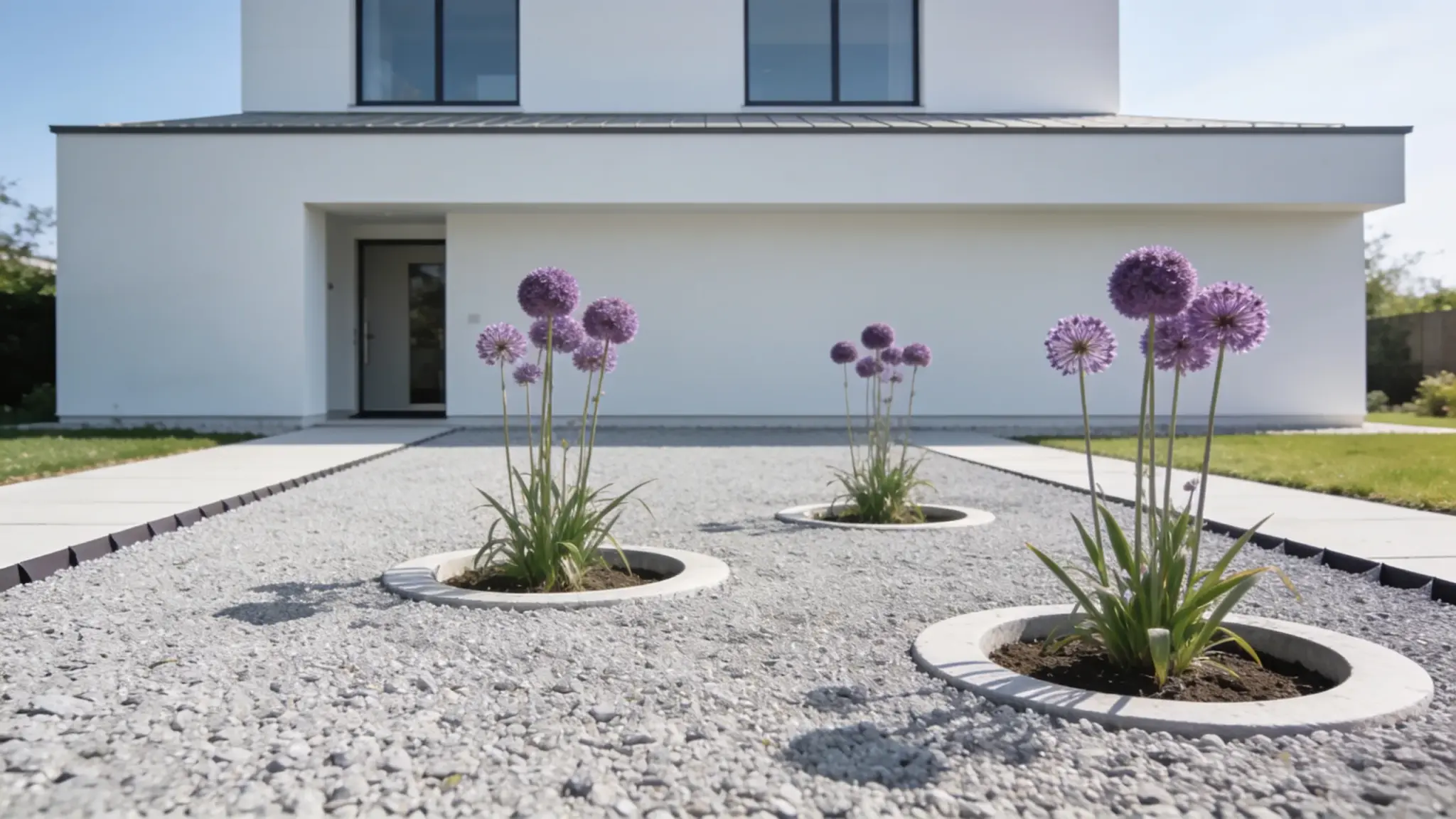 gravel pocket garden with purple allium planted in precise circular pockets before a modern home