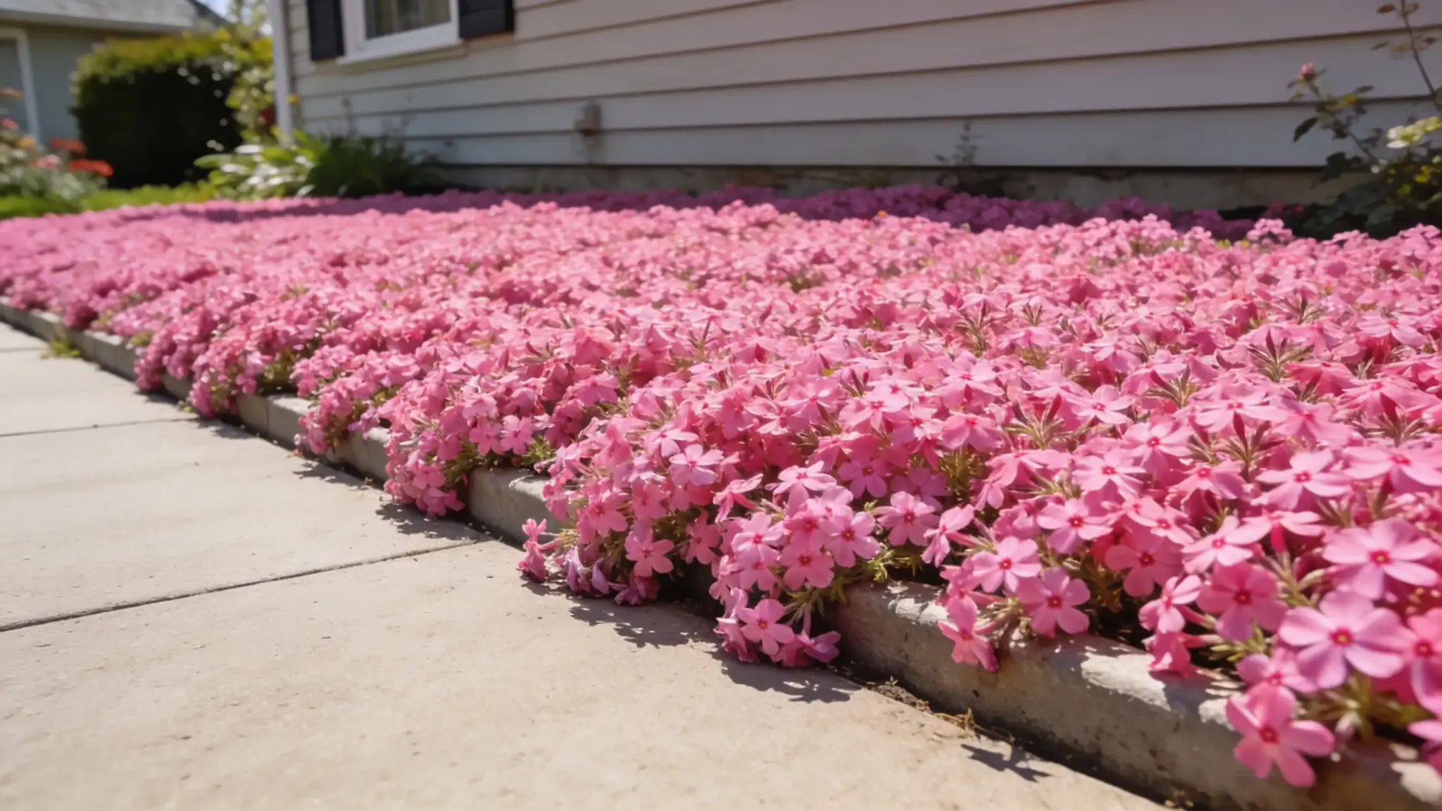 dense carpet of pink creeping phlox covering a well maintained ground cover front yard bed