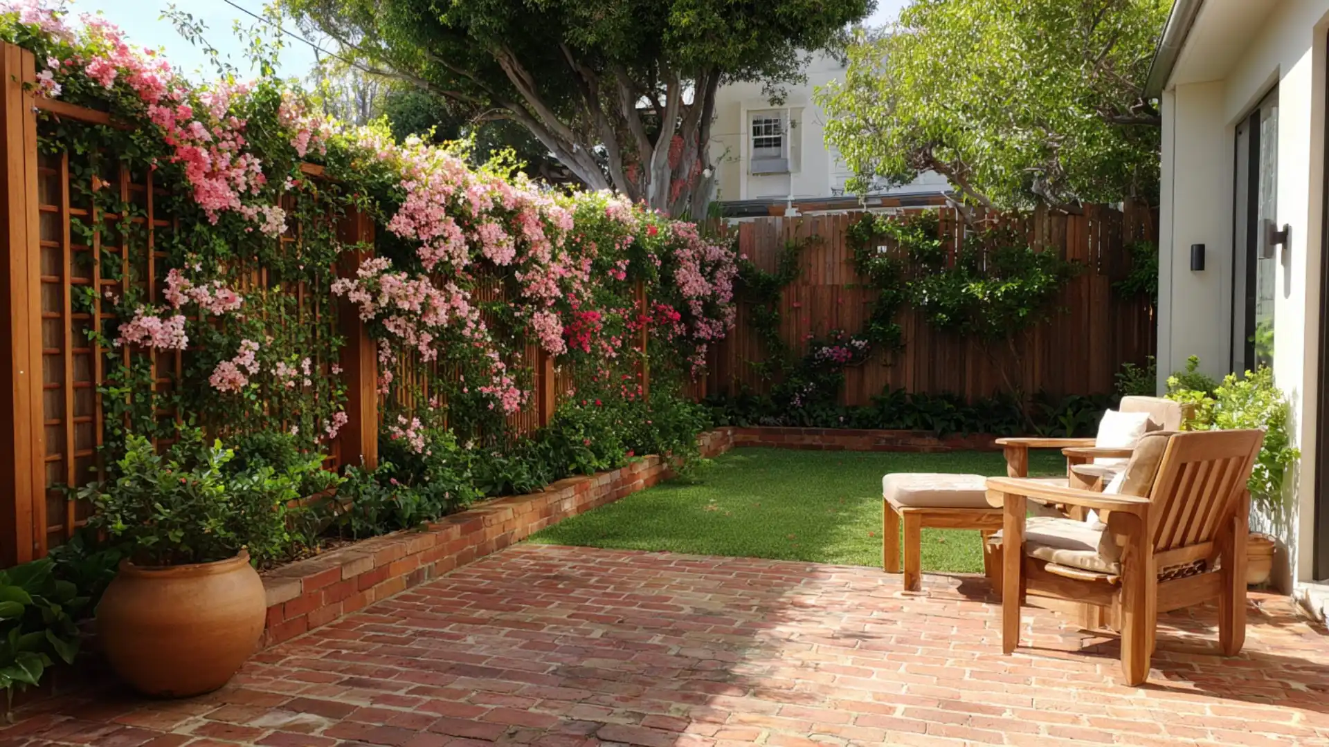 a serene backyard with a brick patio enclosed by a wooden fence, ideal for relaxation and outdoor activities.