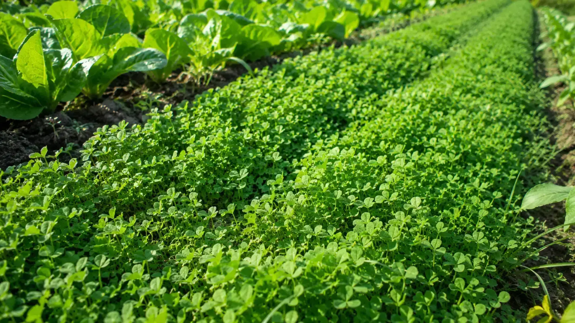  dense green cover crops growing in rows alongside leafy vegetables in a sunny garden bed