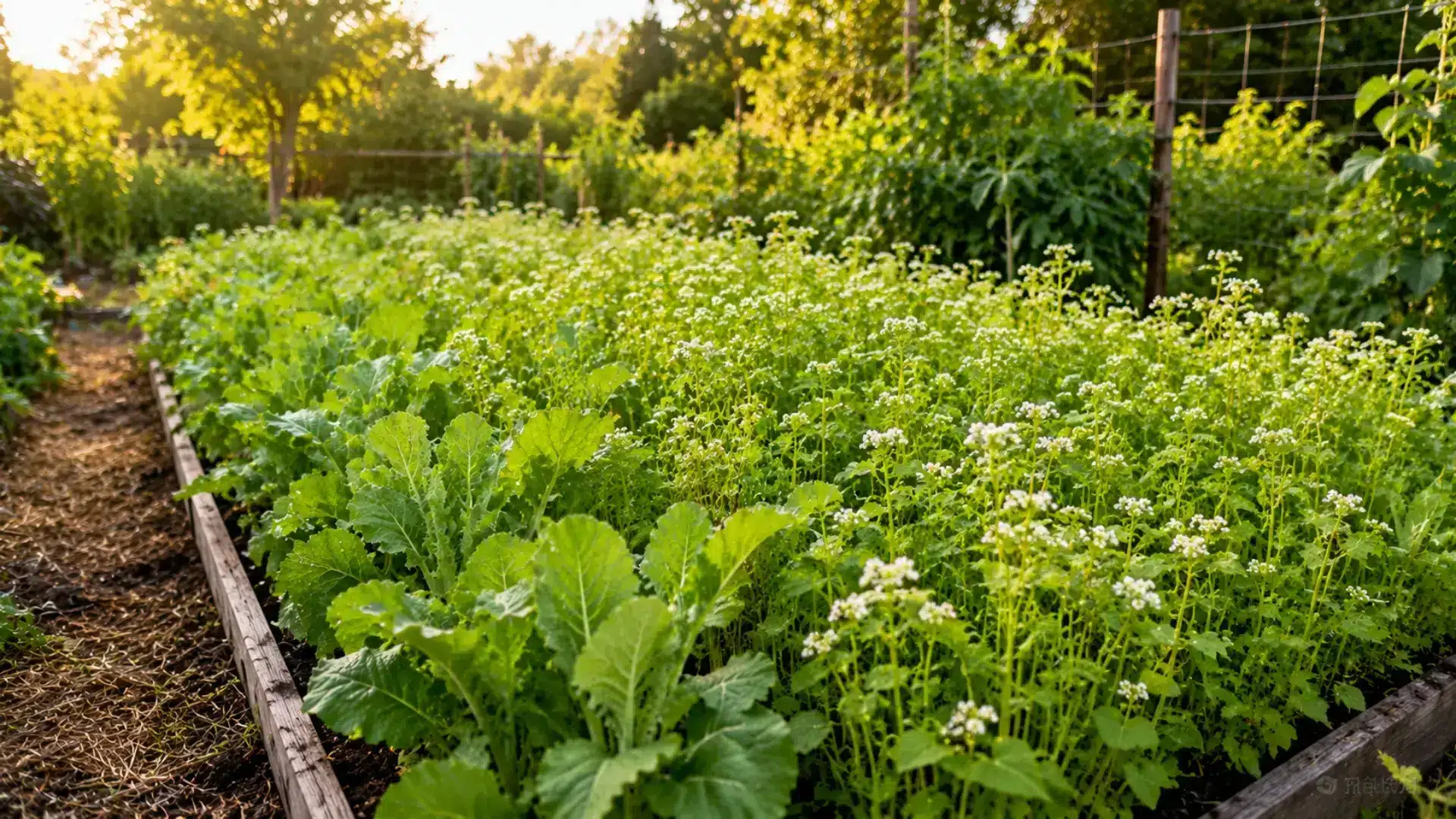 green manure crops with white flowers and broad leafy plants growing densely in a raised wooden garden bed