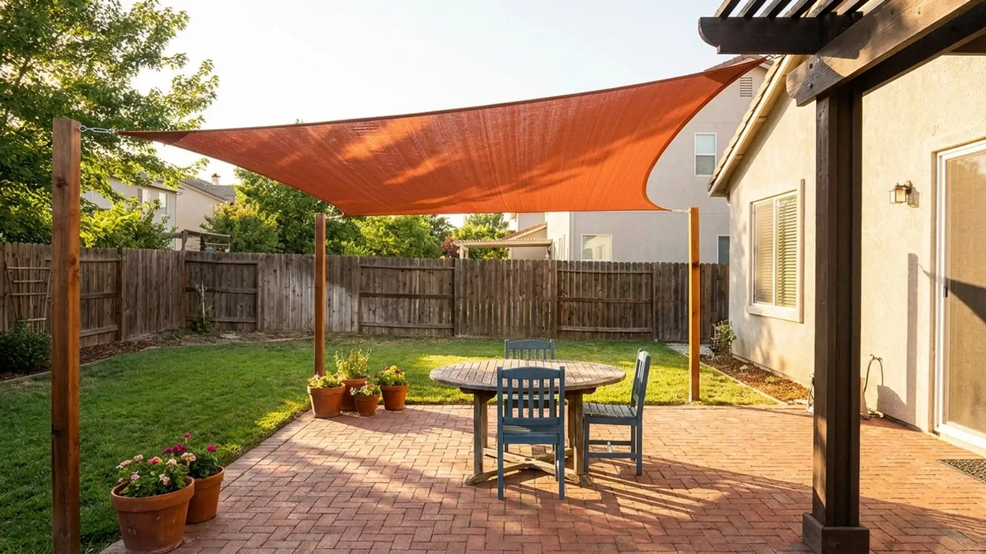 patio featuring a shade tent, providing a cool and comfortable outdoor space for relaxation and gatherings.