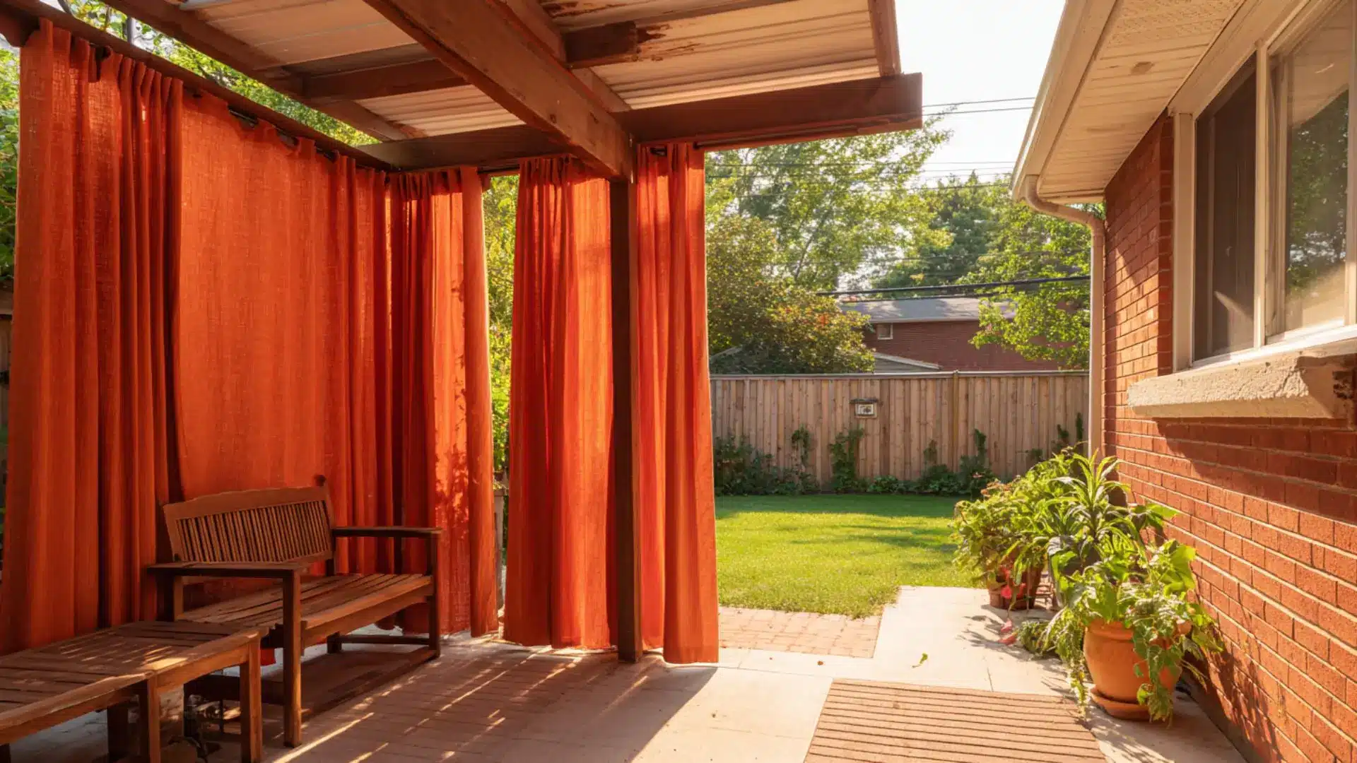 a cozy patio featuring a wooden bench and a flowing curtain, creating a serene outdoor space for relaxation.