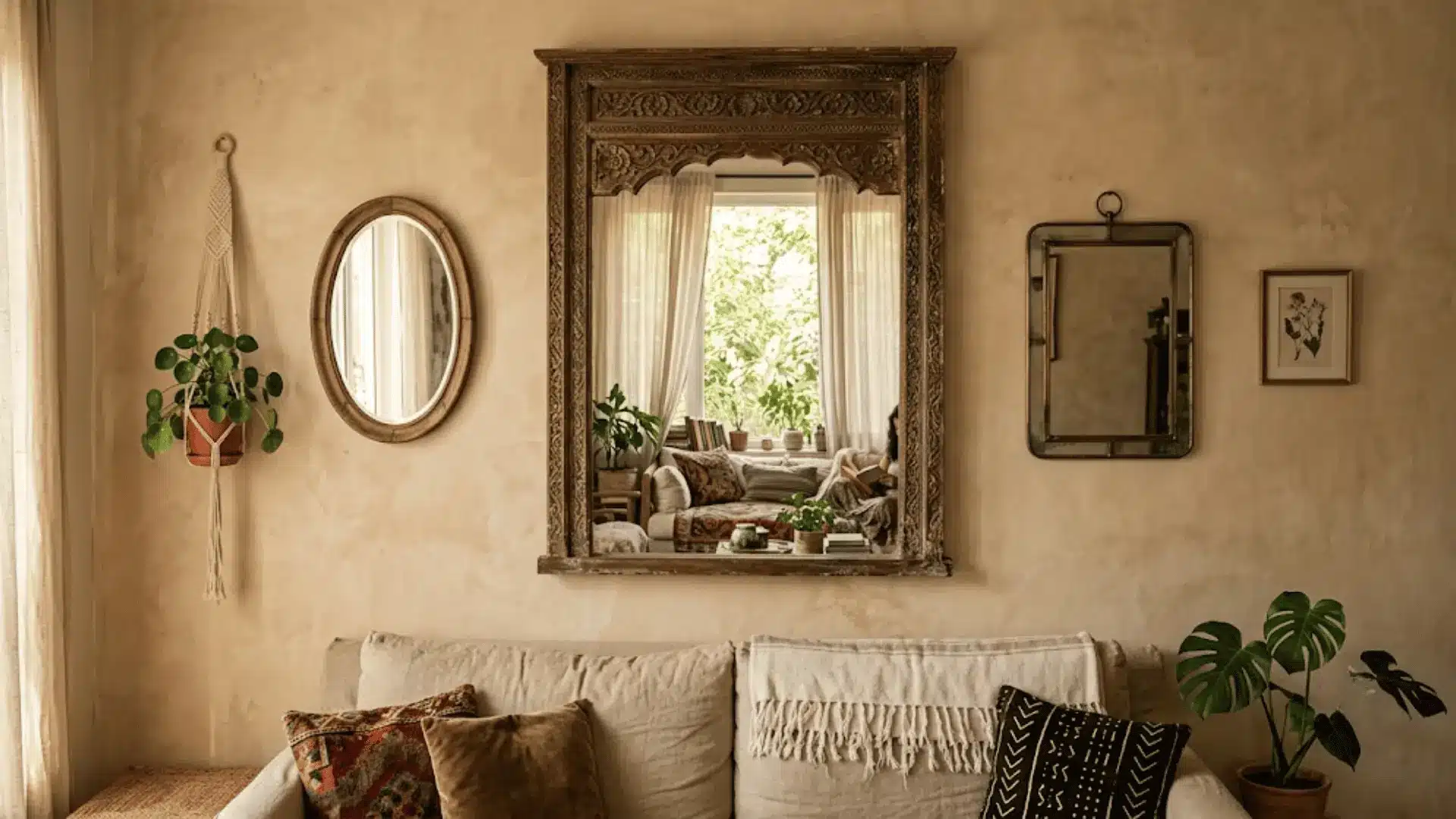 ornate vintage mirror with smaller mismatched mirrors on a warm limewash wall in a boho living room