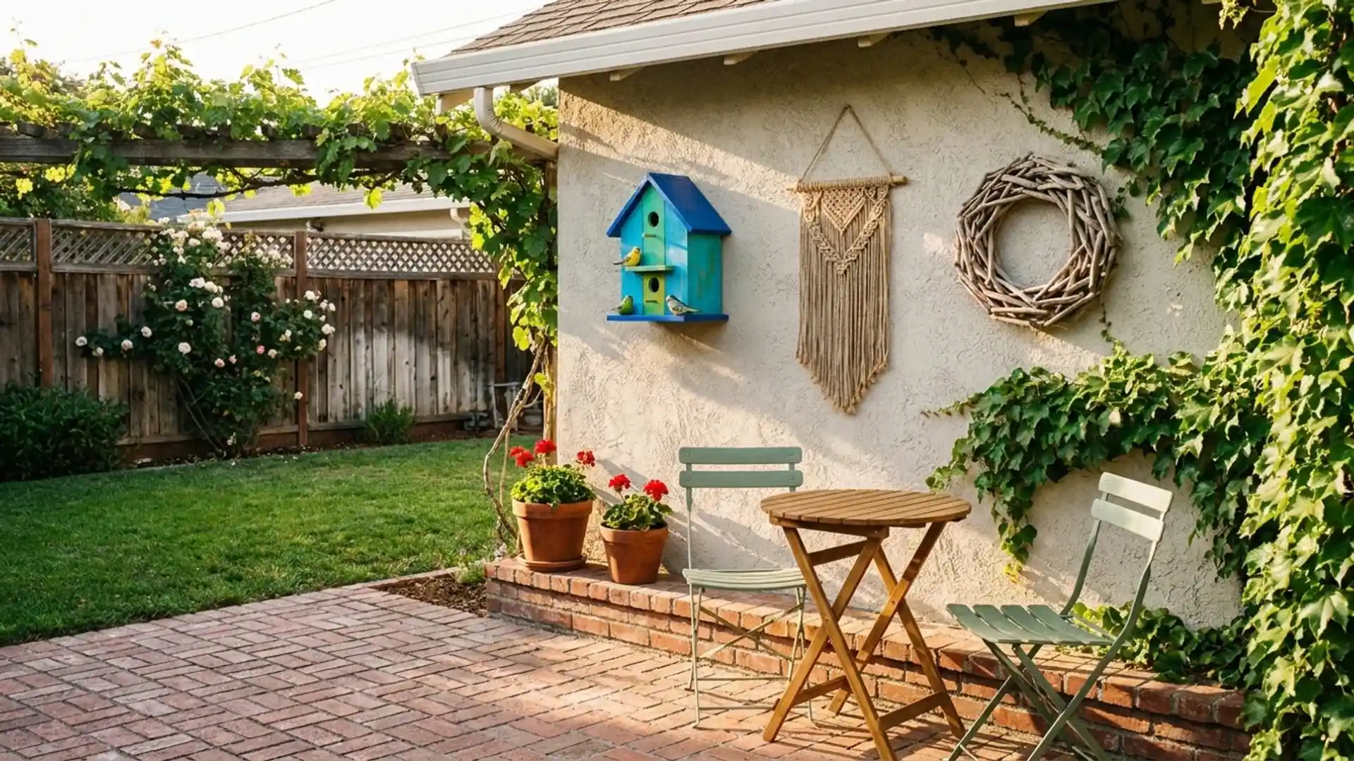 a charming patio scene with a birdhouse and a table set among lush plants and flowers