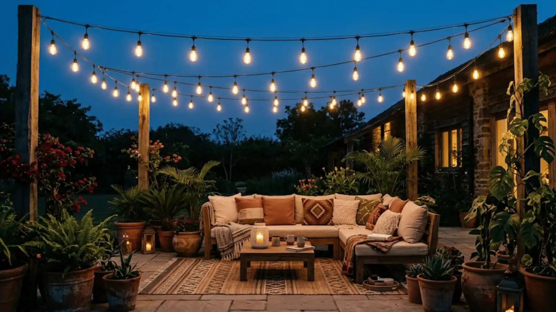 warm edison string lights strung overhead above a low boho outdoor seating area at dusk