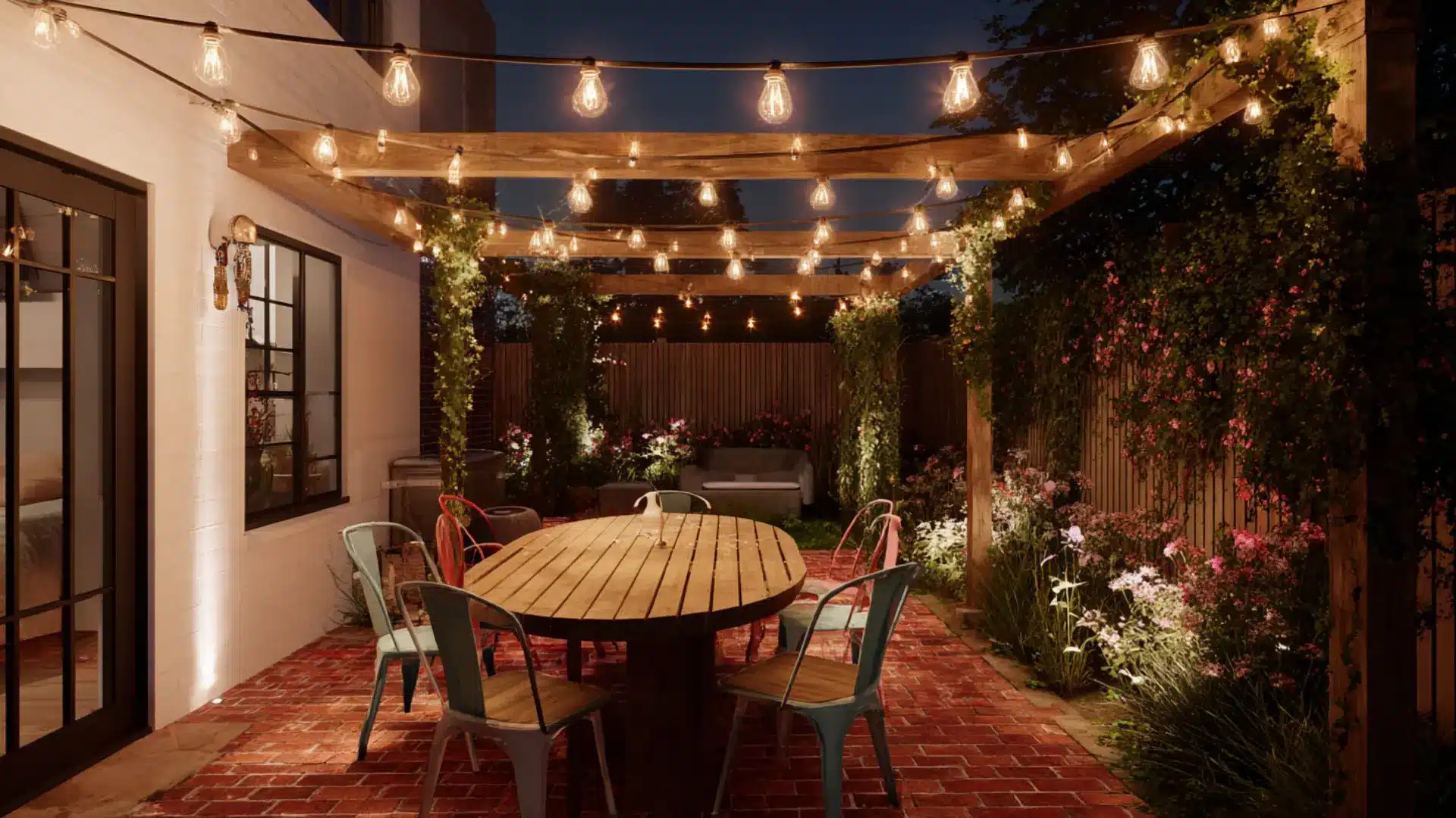 a cozy patio featuring string lights overhead and a wooden table set for an evening gathering with chairs around it