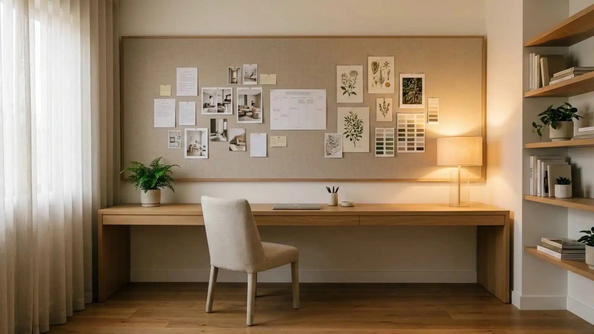 home office with long wooden desk, large pinboard organizer, open shelving, warm lighting, and neutral decor