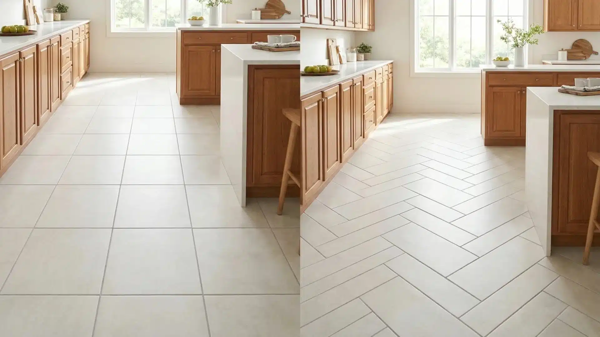 before and after kitchen floor showing plain diagonal tile changed to a white herringbone tile pattern