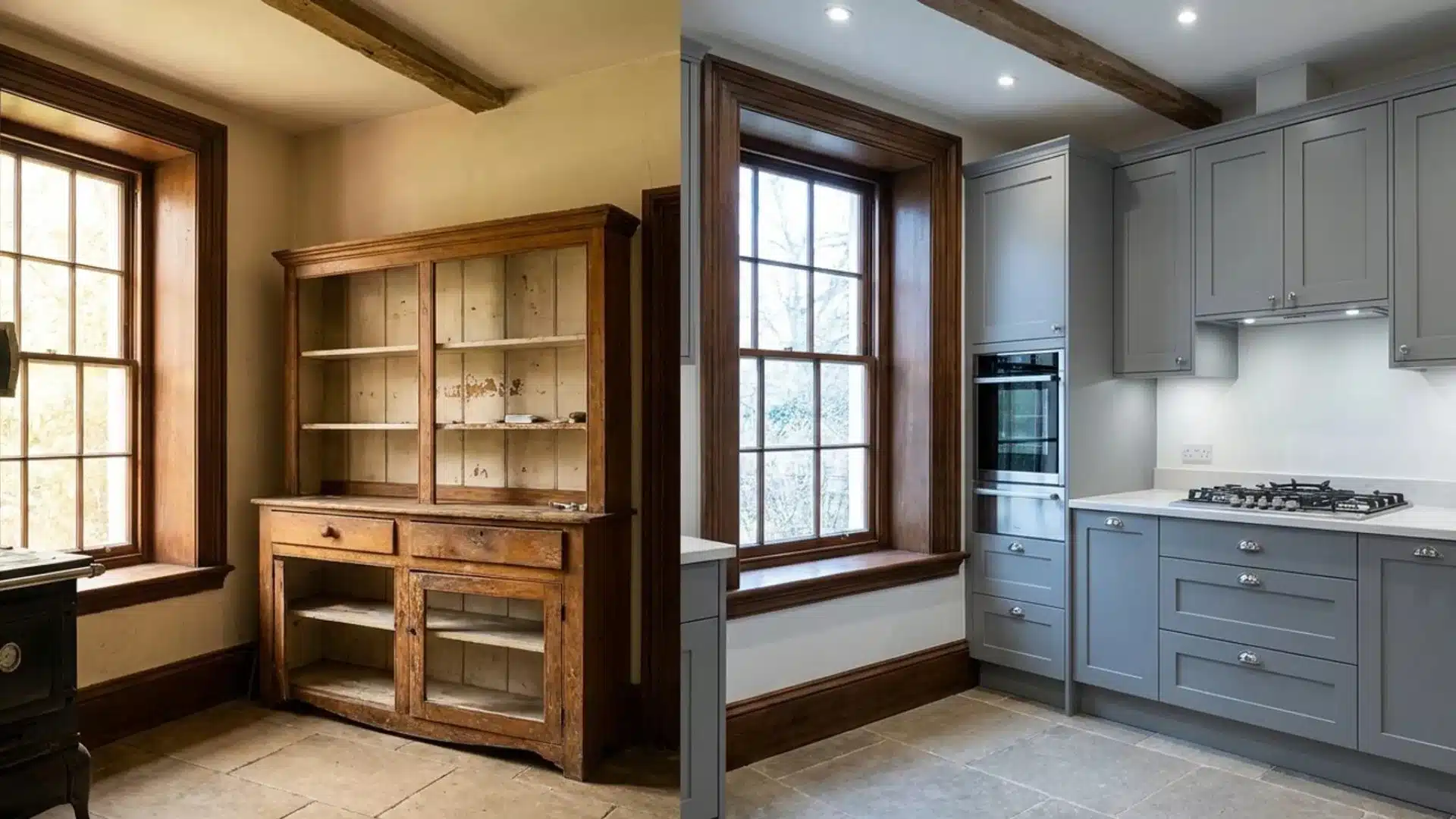 before and after kitchen showing antique wooden hutch replaced with built-in gray cabinets and oven