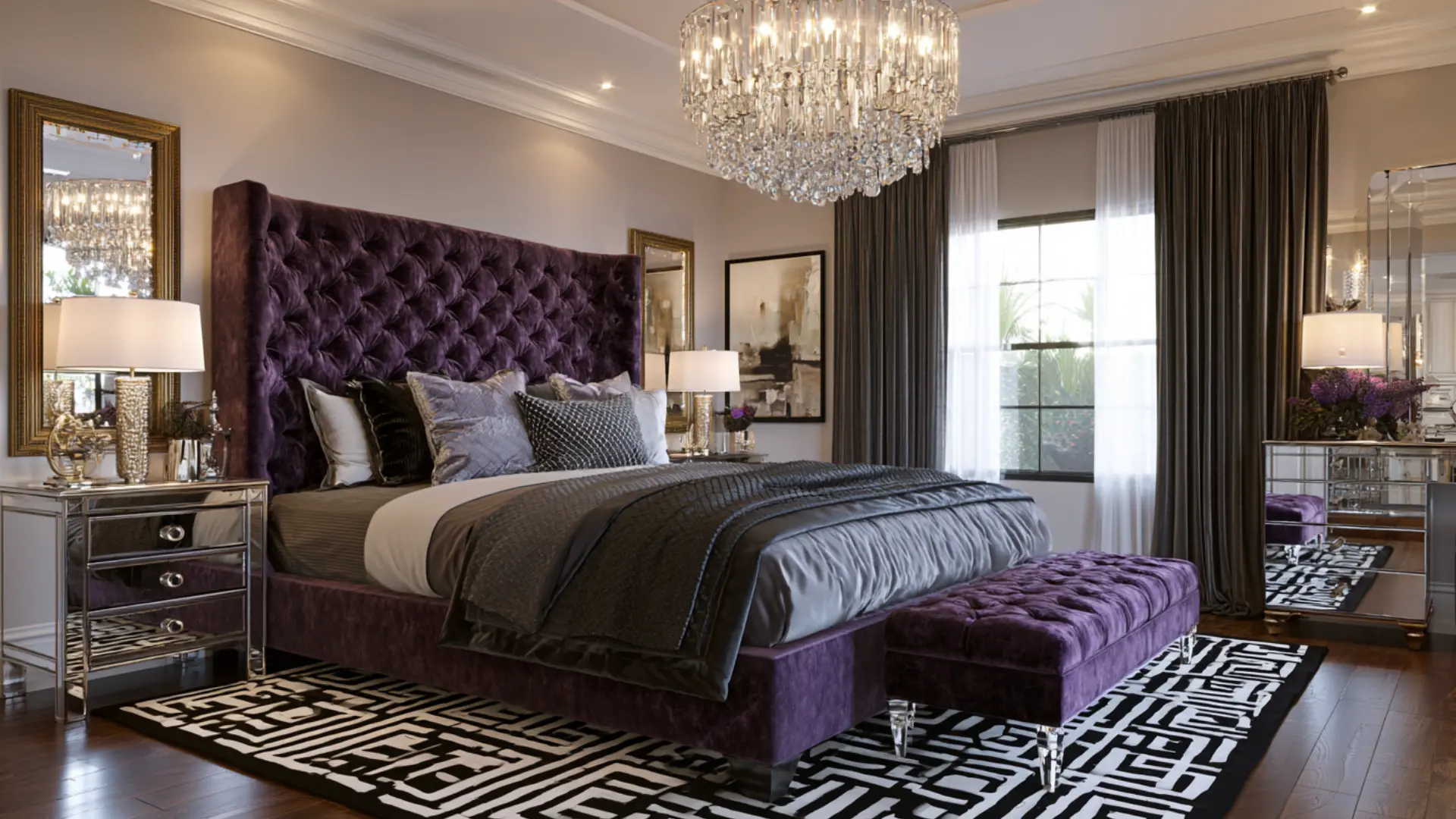 hollywood regency bedroom with purple tufted headboard crystal chandelier and mirrored nightstands