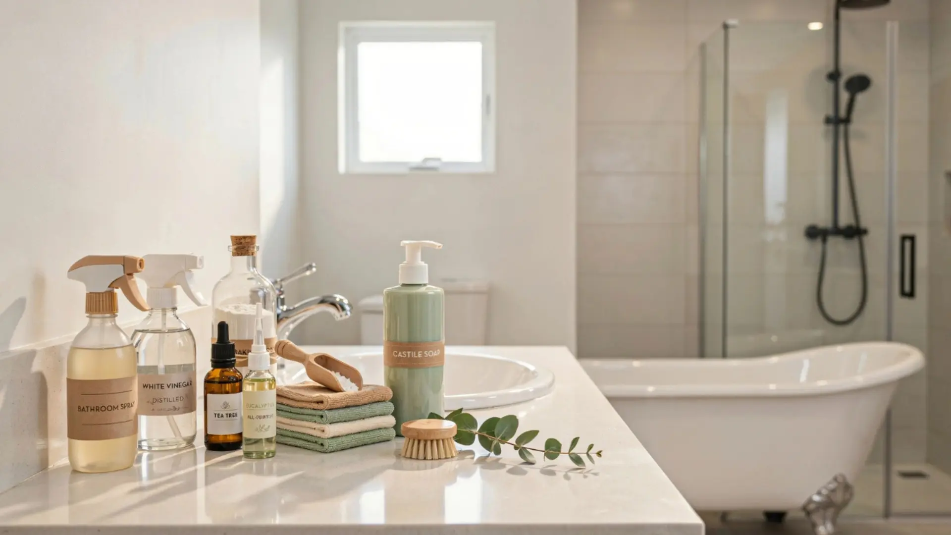 homemade bathroom cleaning supplies with castile soap, white vinegar spray, and tea tree oil on a white marble countertop