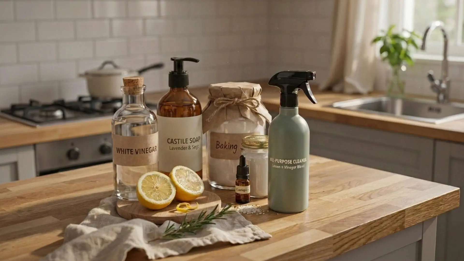 small kitchen countertop with natural cleaning ingredients and bottles displayed