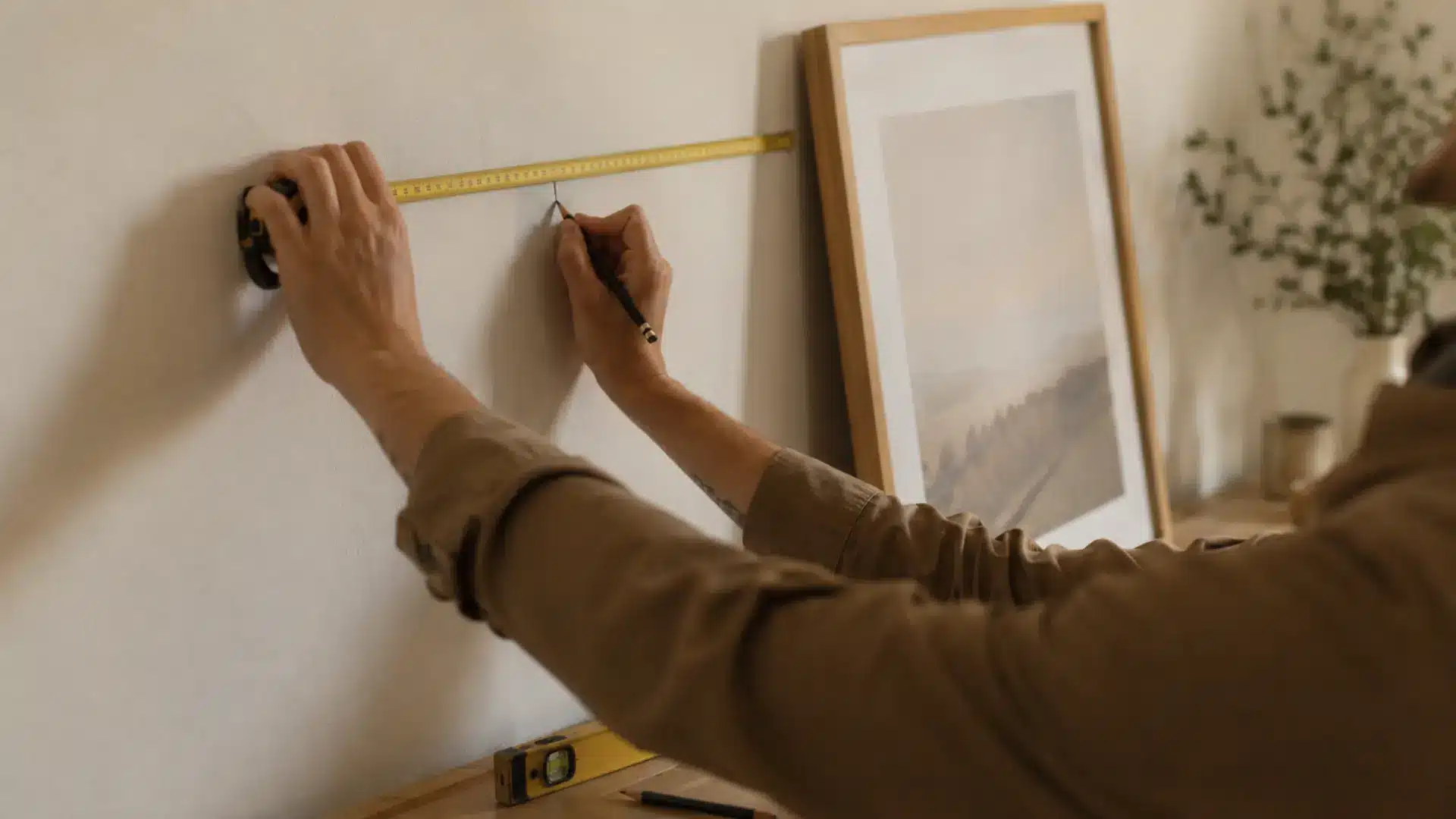 person using a tape measure and pencil to mark a wall for hanging a framed landscape artwork nearby