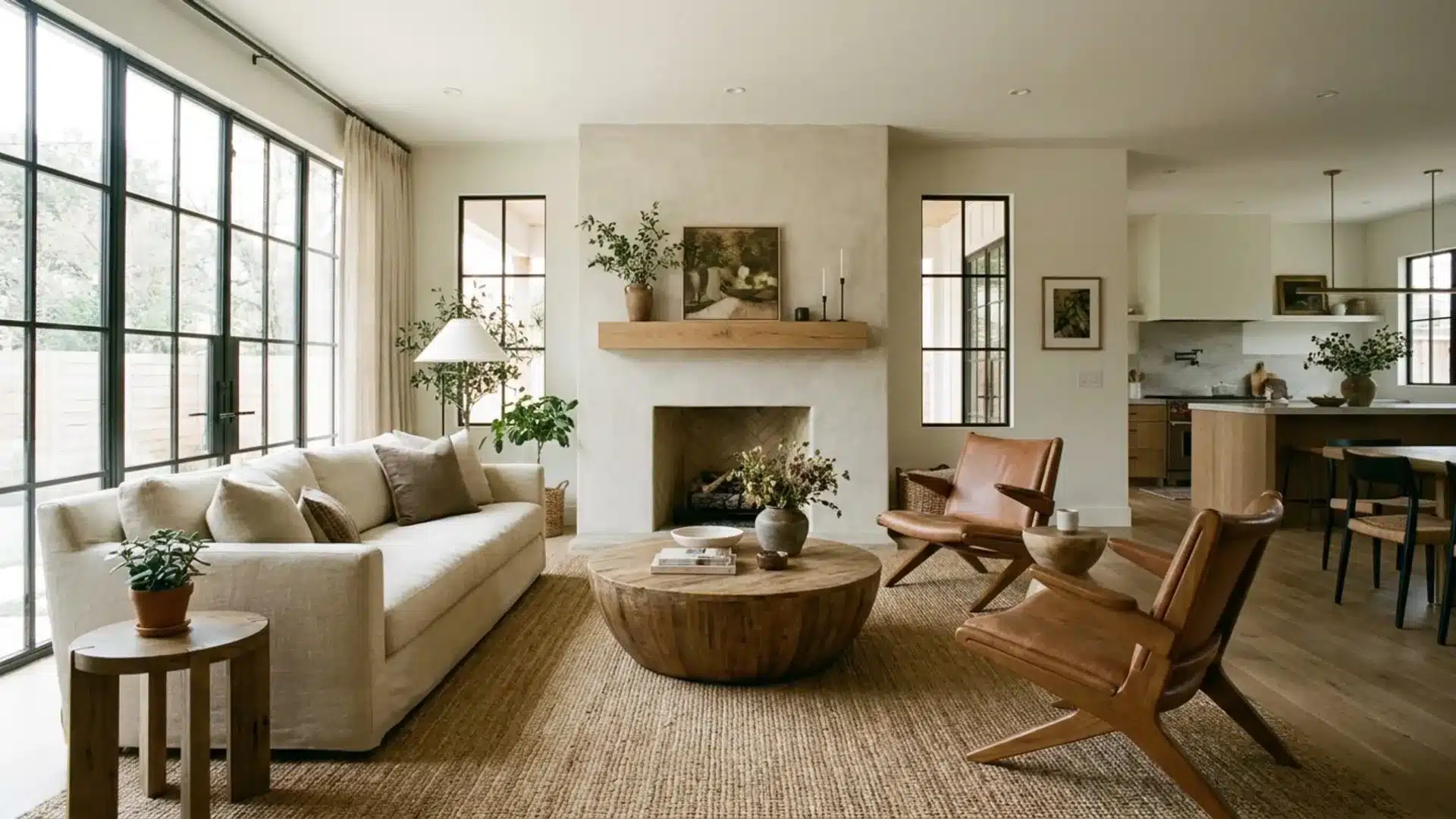 open concept living room with cream sofa, leather chairs, and stone fireplace flanked by large windows