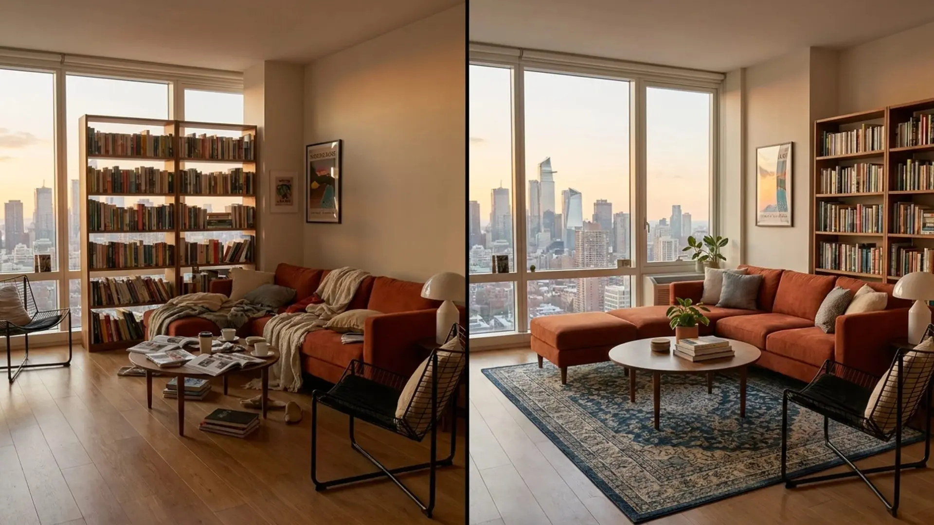 before and after apartment living room showing a cluttered sofa and bookshelf tidied into an organized seating area