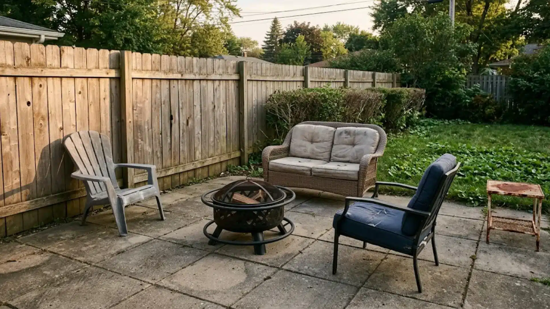 backyard patio at dusk with fire pit and furniture placed with no clear arrangement