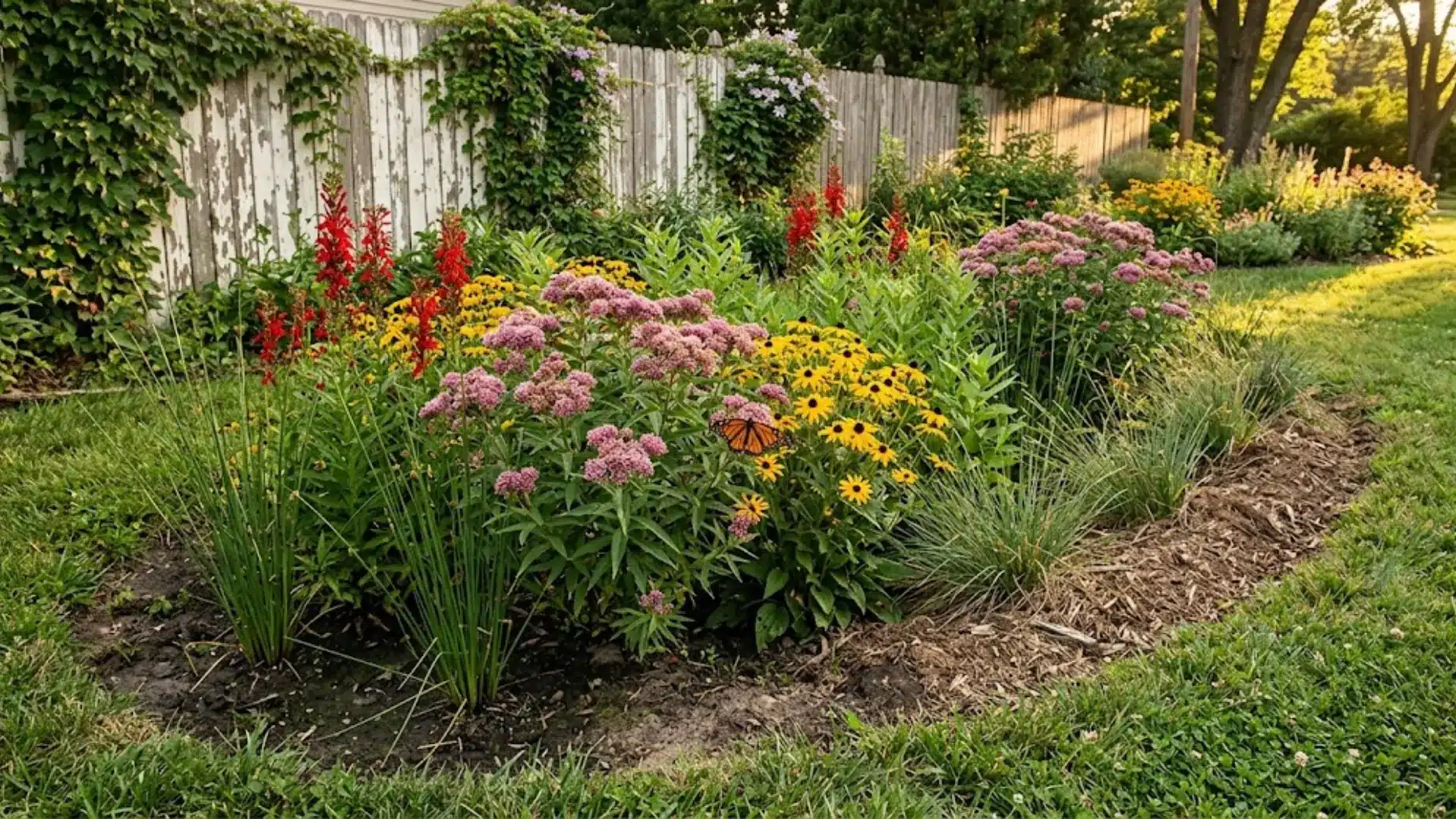 backyard rain garden in bloom with cardinal flower, milkweed, and black-eyed susans at golden hour