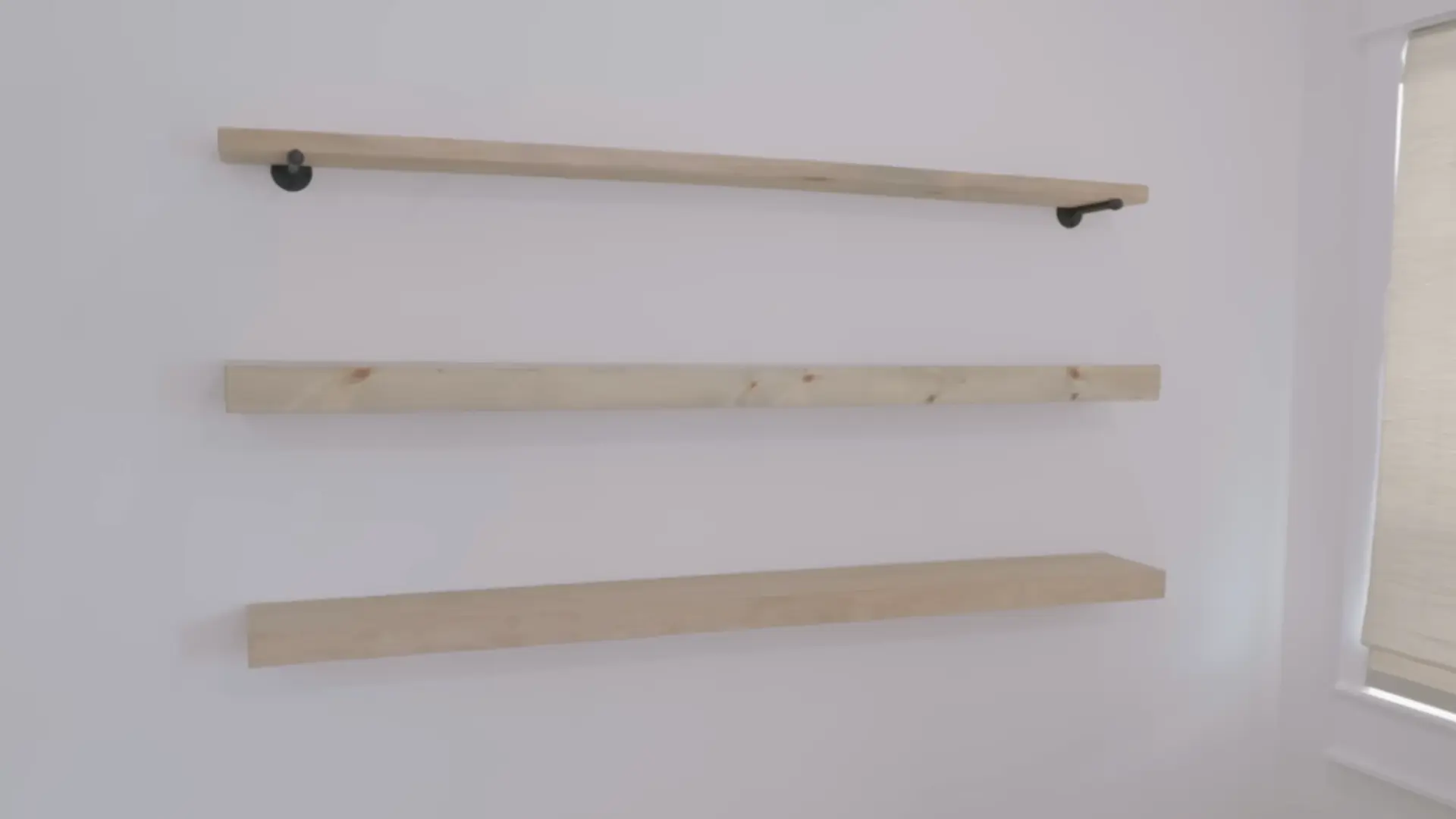 three floating shelf builds shown together, beginner to advanced diy