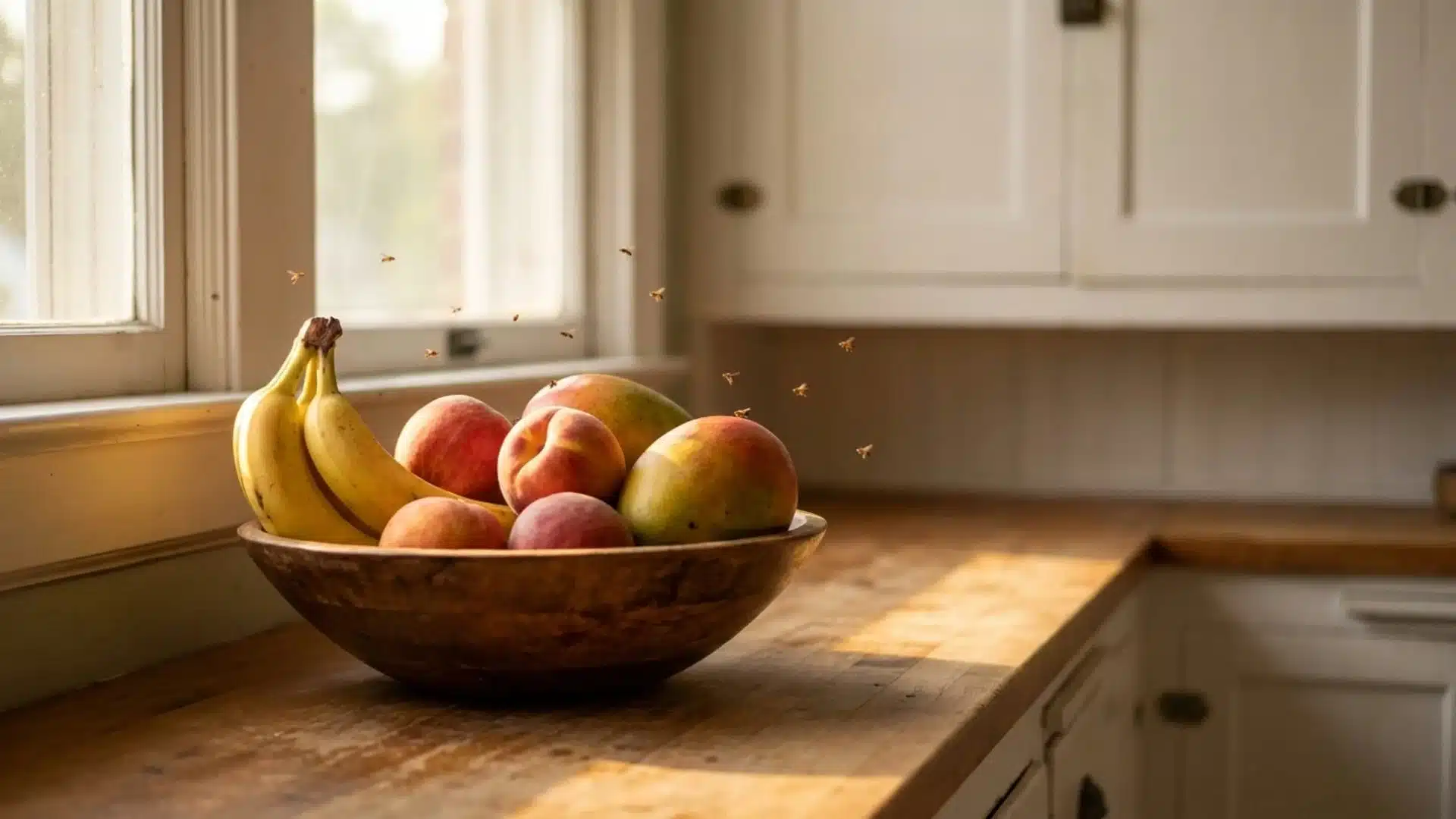 fruit bowl with bananas peaches and mangoes on wooden kitchen counter with fruit flies flying near window real