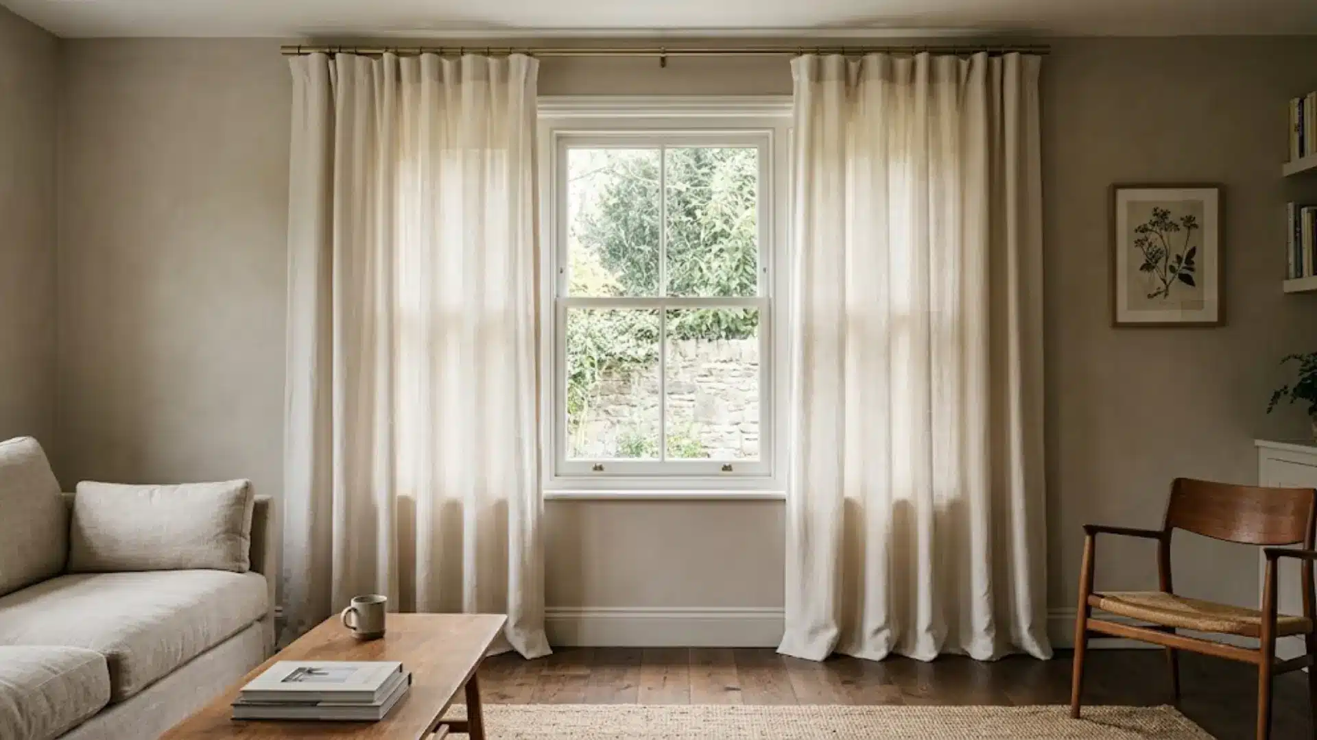 floor-to-ceiling off-white linen curtains hung above a window frame on a brushed brass rod in a warm living room