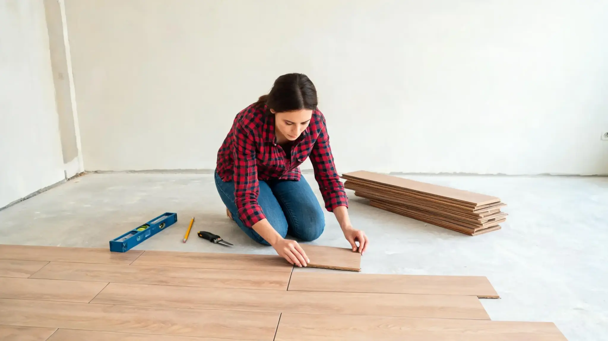 a woman installs wooden flooring in a room, carefully aligning the planks on the ground