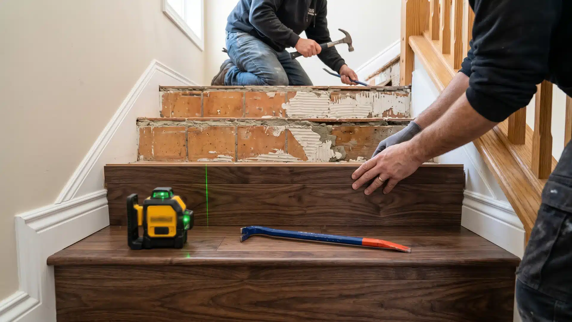 two men collaborating on home stairs, one holding a tool while the other measures the steps for renovation