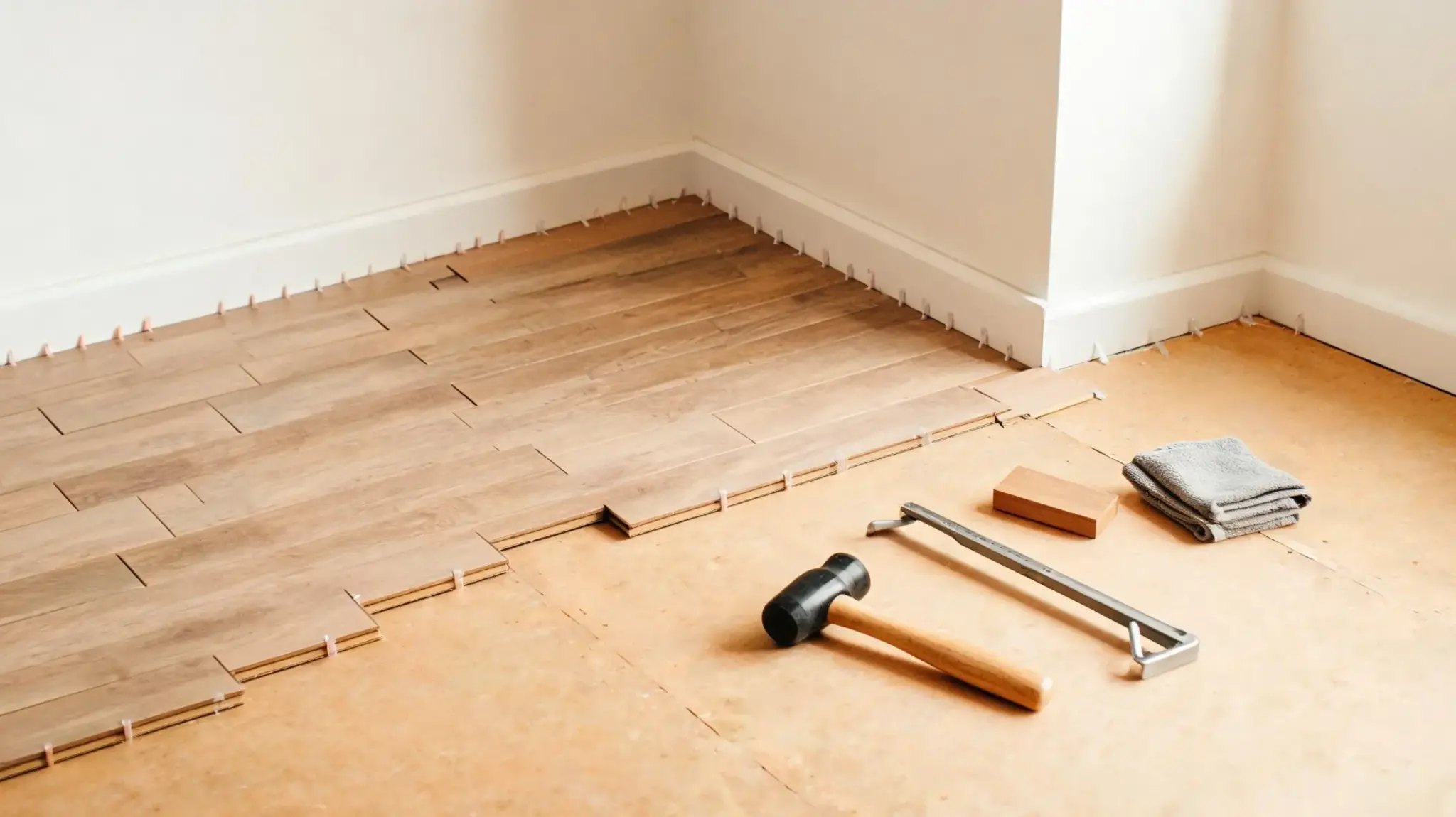 step-by-step manual on installing laminate flooring, featuring tools and materials laid out on a clean surface