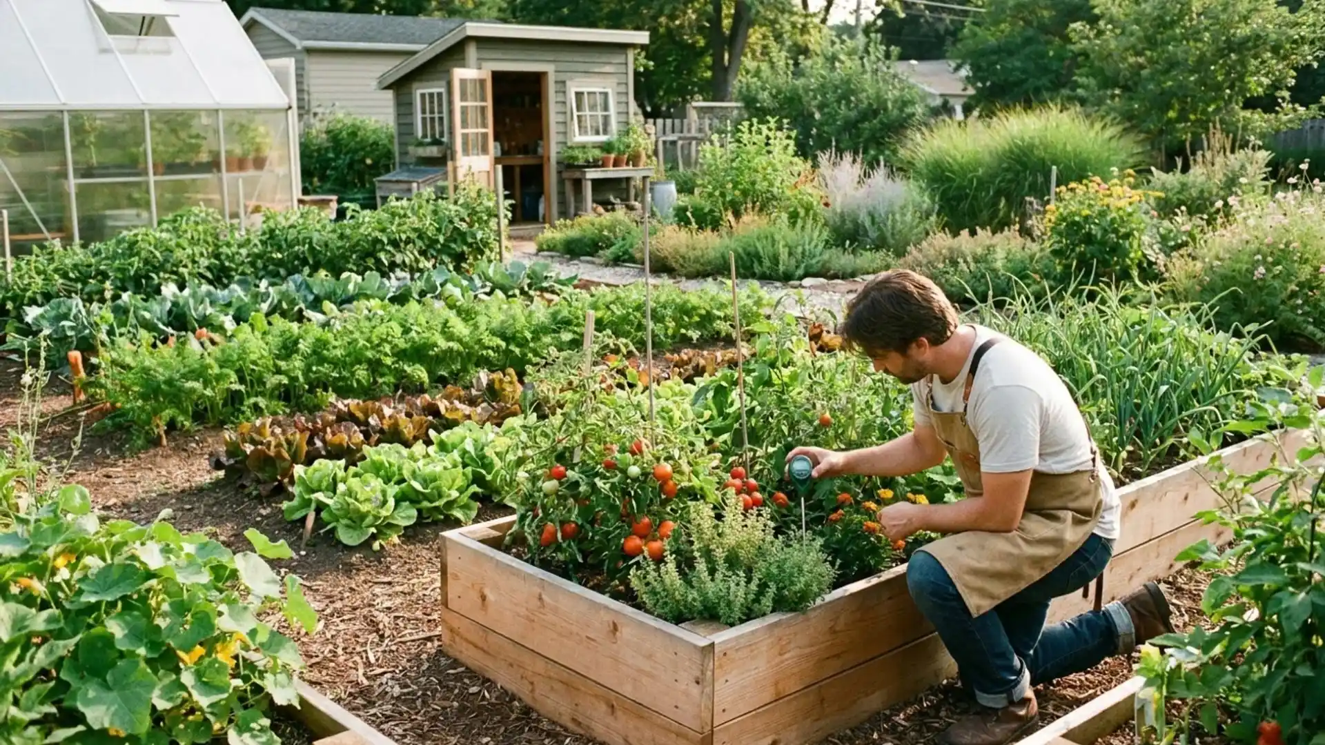 a man kneels in a vegetable garden, carefully tending to plants and soil under a clear blue sky