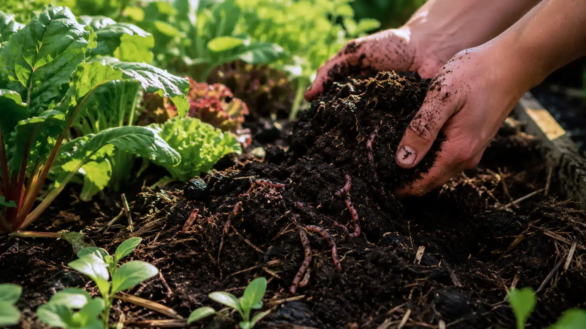 person holding dark fertile soil with earthworms in a vegetable garden bed with leafy green plants nearby