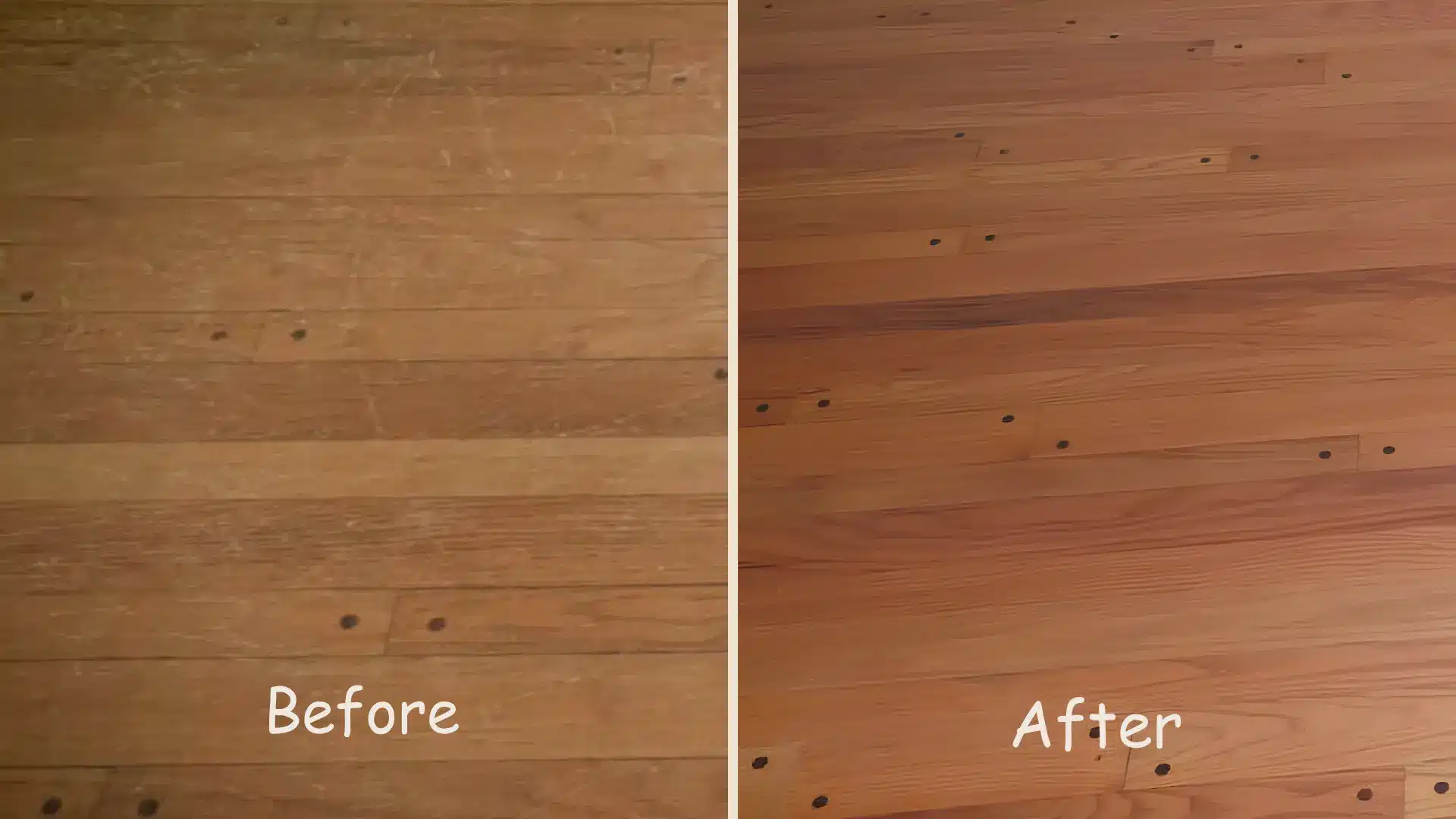 hardwood floor before and after refinishing showing scratches replaced by smooth amber wood grain