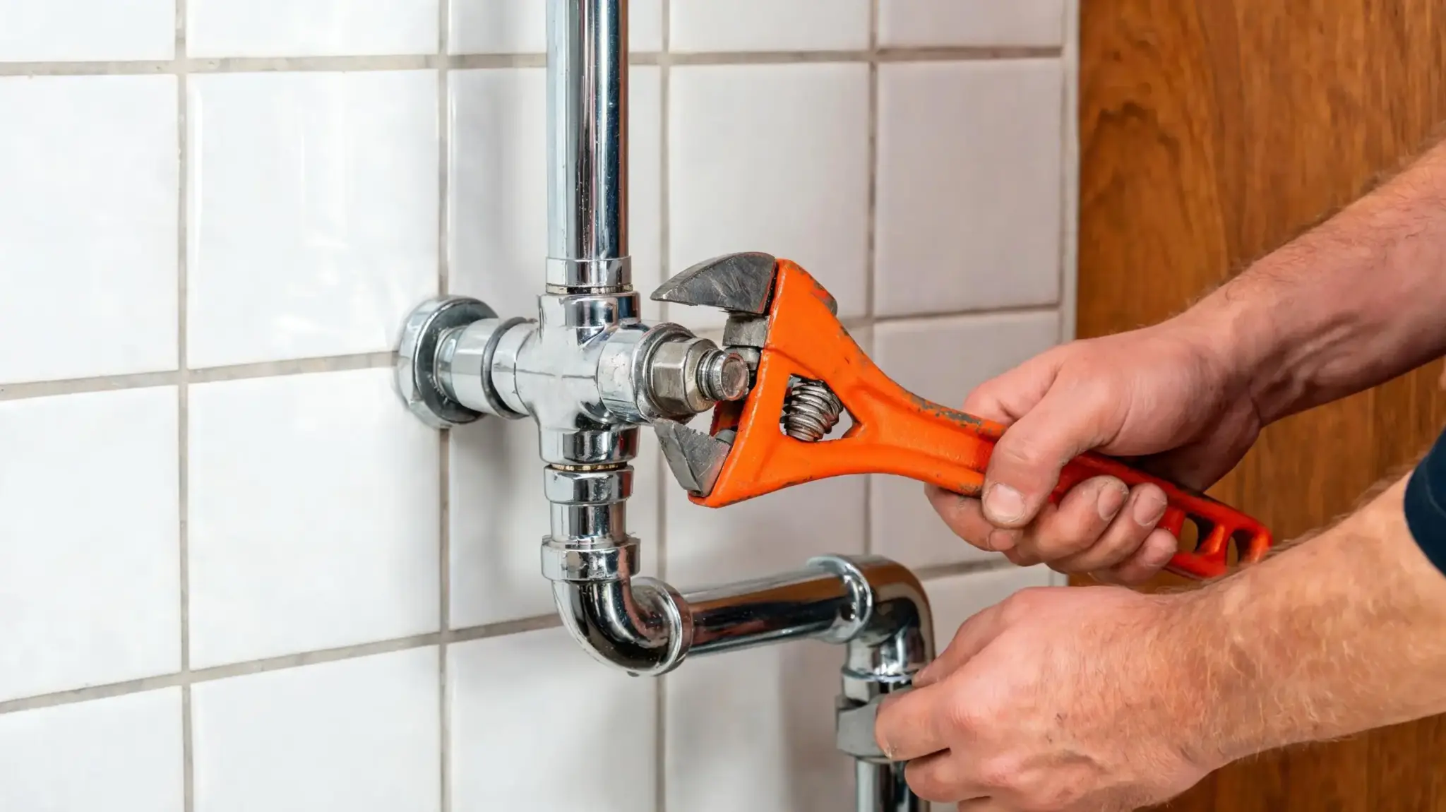 plumber tightens a nut on chrome plumbing pipes with an orange adjustable wrench against a tiled wall